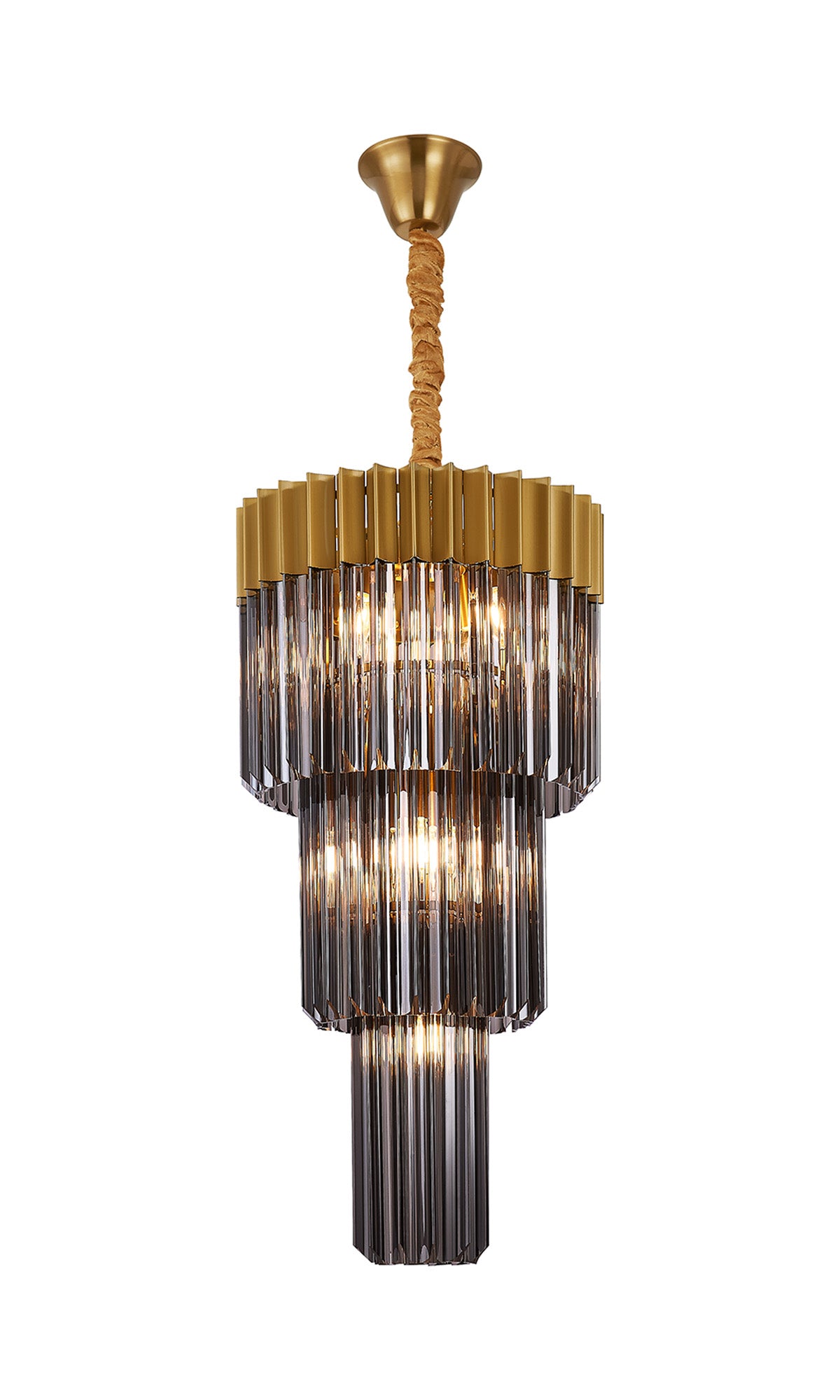 Fabula Cedar Round 3 Tier 8 Light E14 Pendant Light – 40 cm – Brass & Smoked Sculpted Glass 40 cm