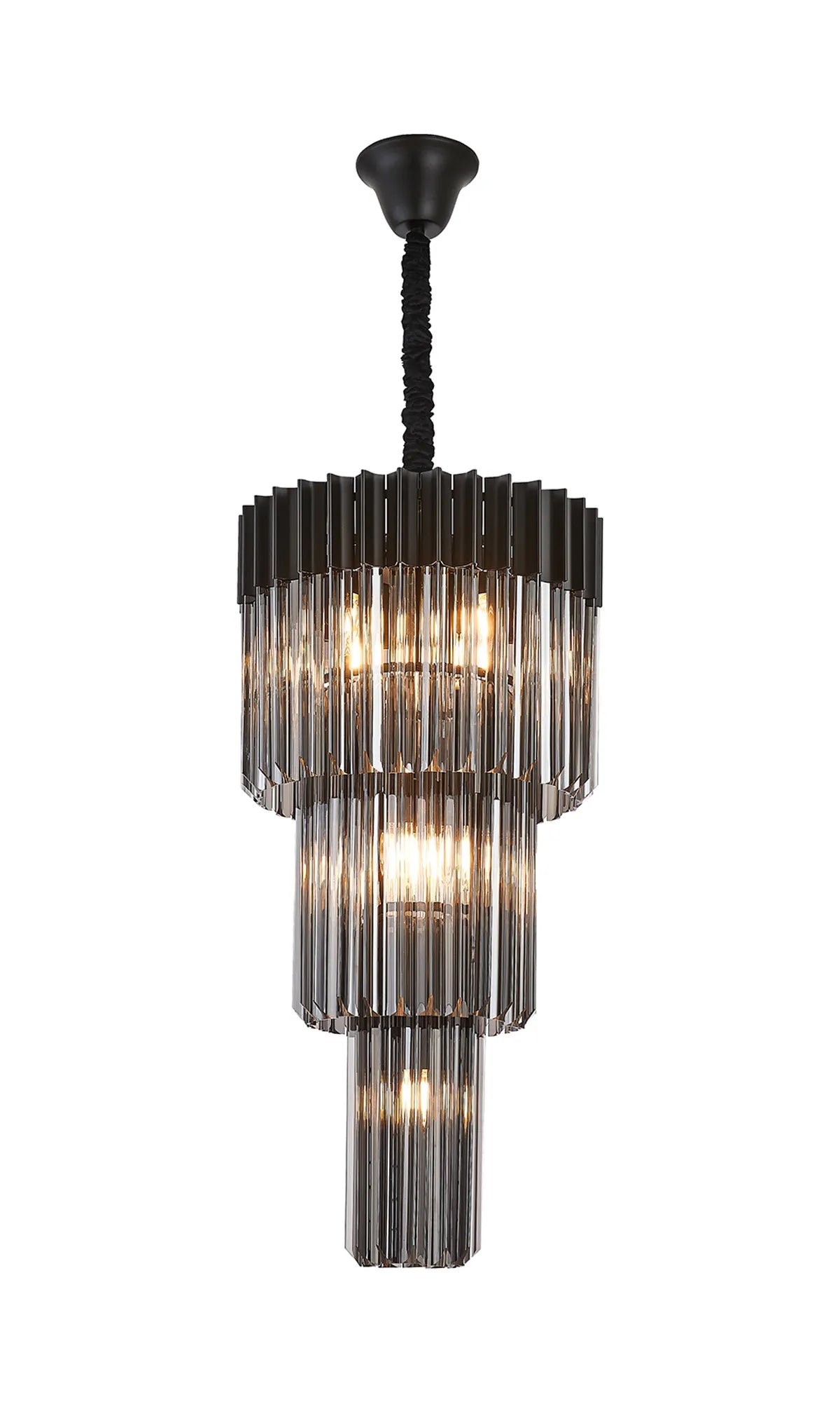 Fabula Cedar Round 3 Tier 8 Light E14 Pendant Light – 40 cm – Matt Black & Smoked Sculpted Glass 40 cm