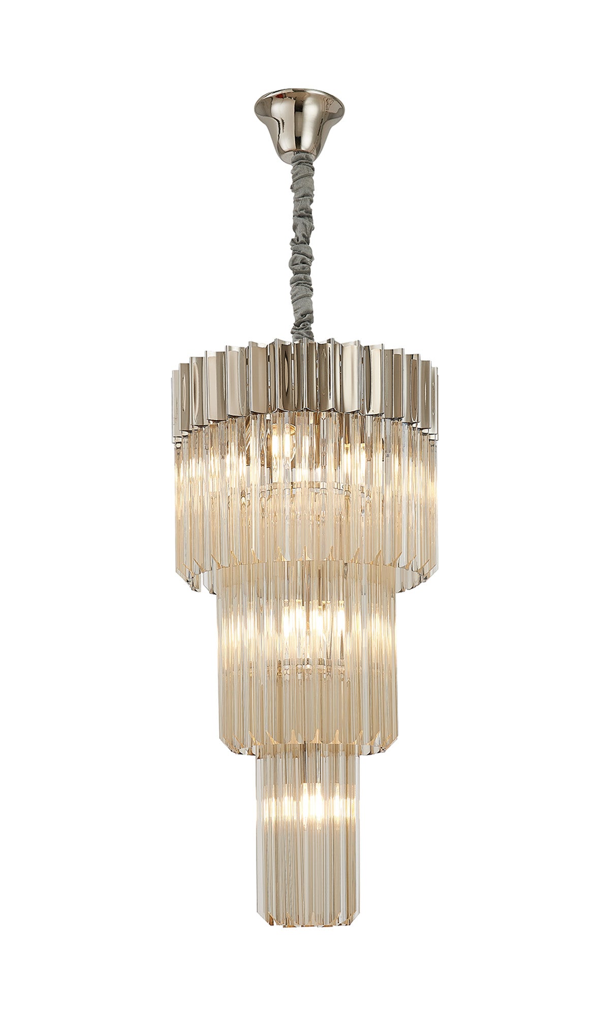 Fabula Cedar Round 3 Tier 8 Light E14 Pendant Light – 40 cm – Polished Nickel & Cognac Sculpted Glass 40 cm
