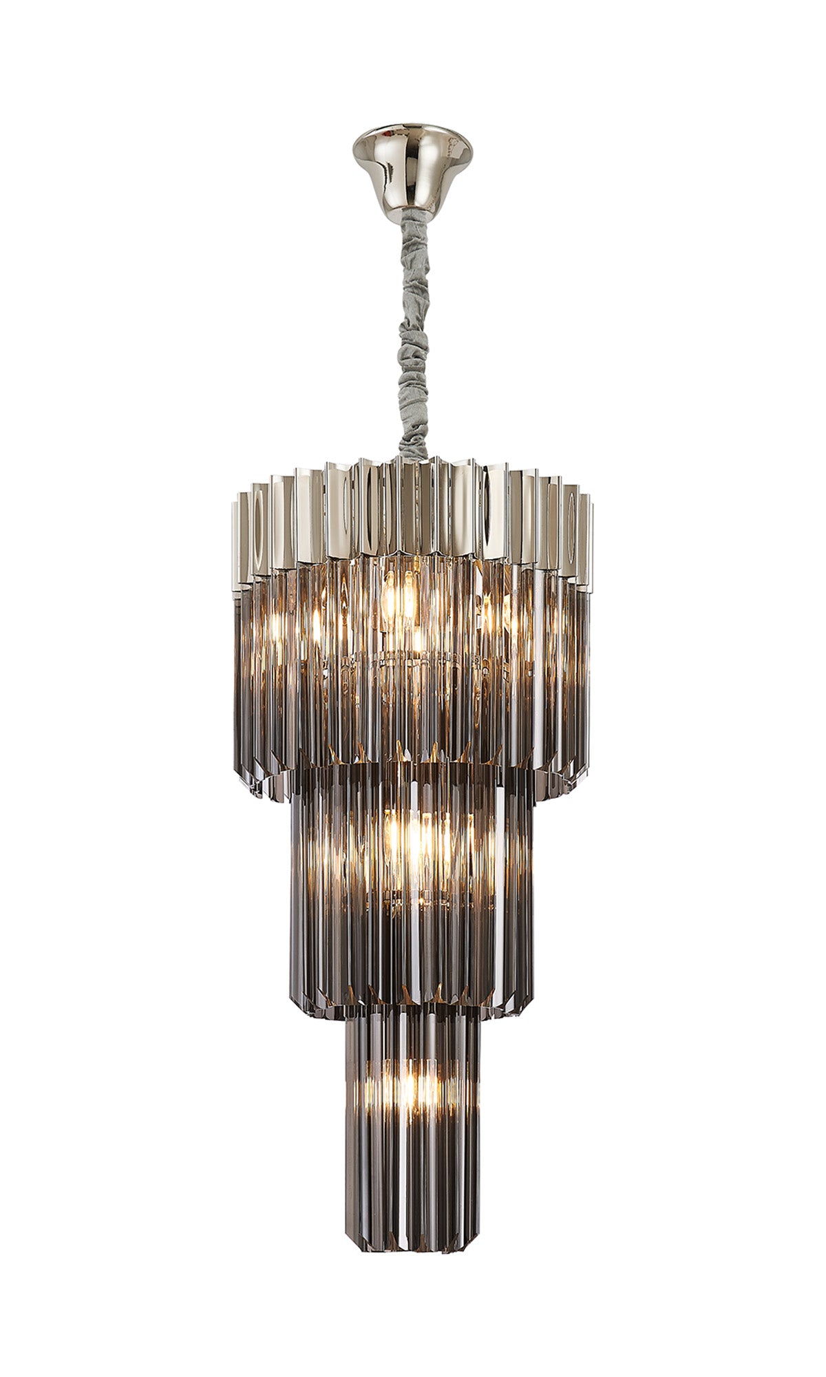 Fabula Cedar Round 3 Tier 8 Light E14 Pendant Light – 40 cm – Polished Nickel & Smoked Sculpted Glass 40 cm