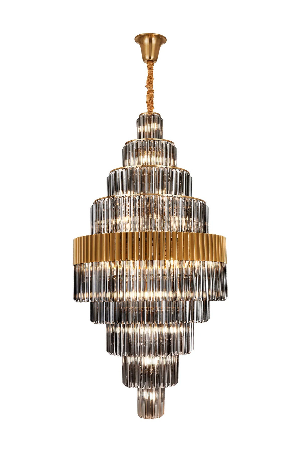 Fabula Cedar Diamond Round 9 Tier 42 Light E14 Pendant Light – 90 cm – Brass & Smoked Sculpted Glass 90 cm