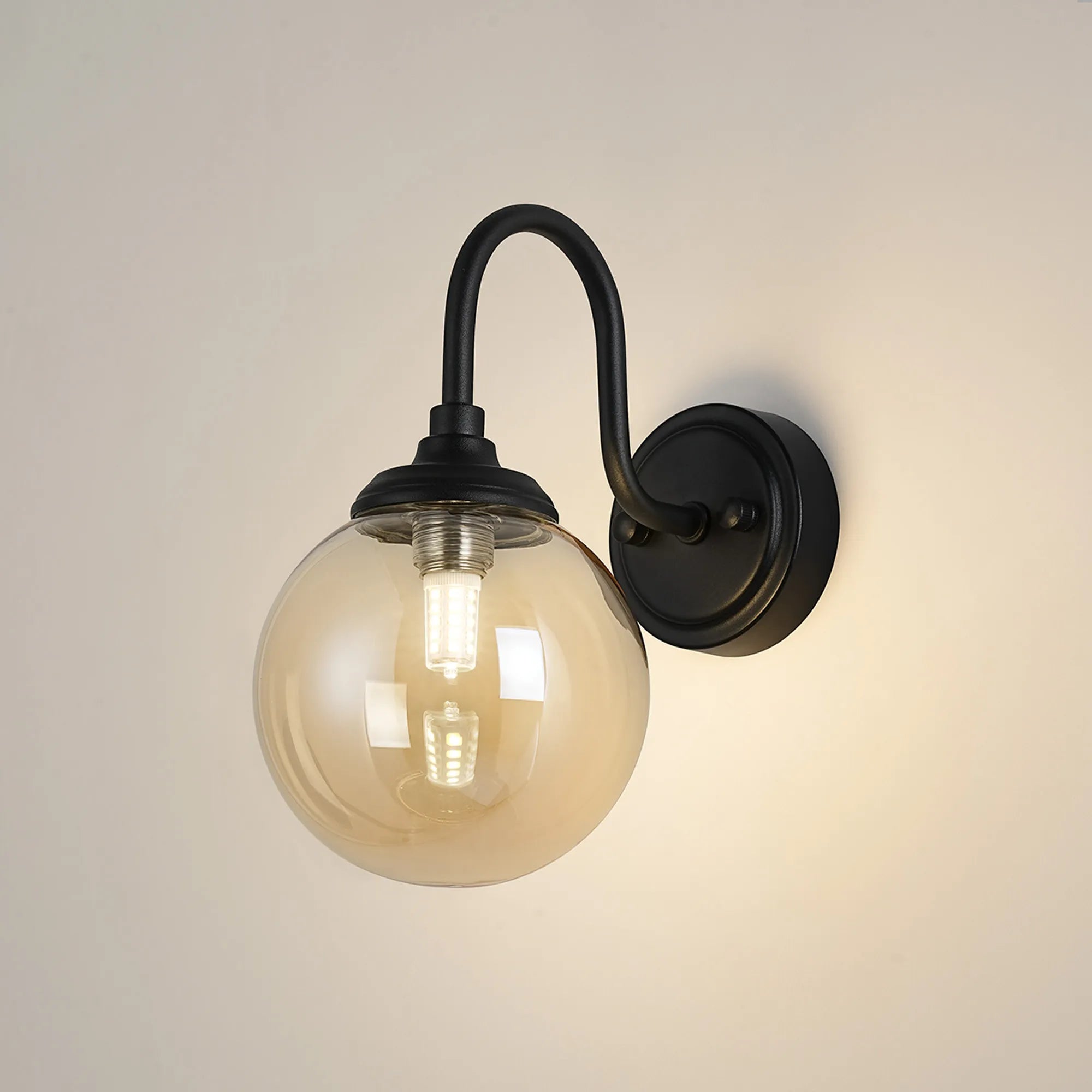Dene Curved Arm Wall Light - 1 Light - IP44 Satin Black & Amber Smooth Round Glass