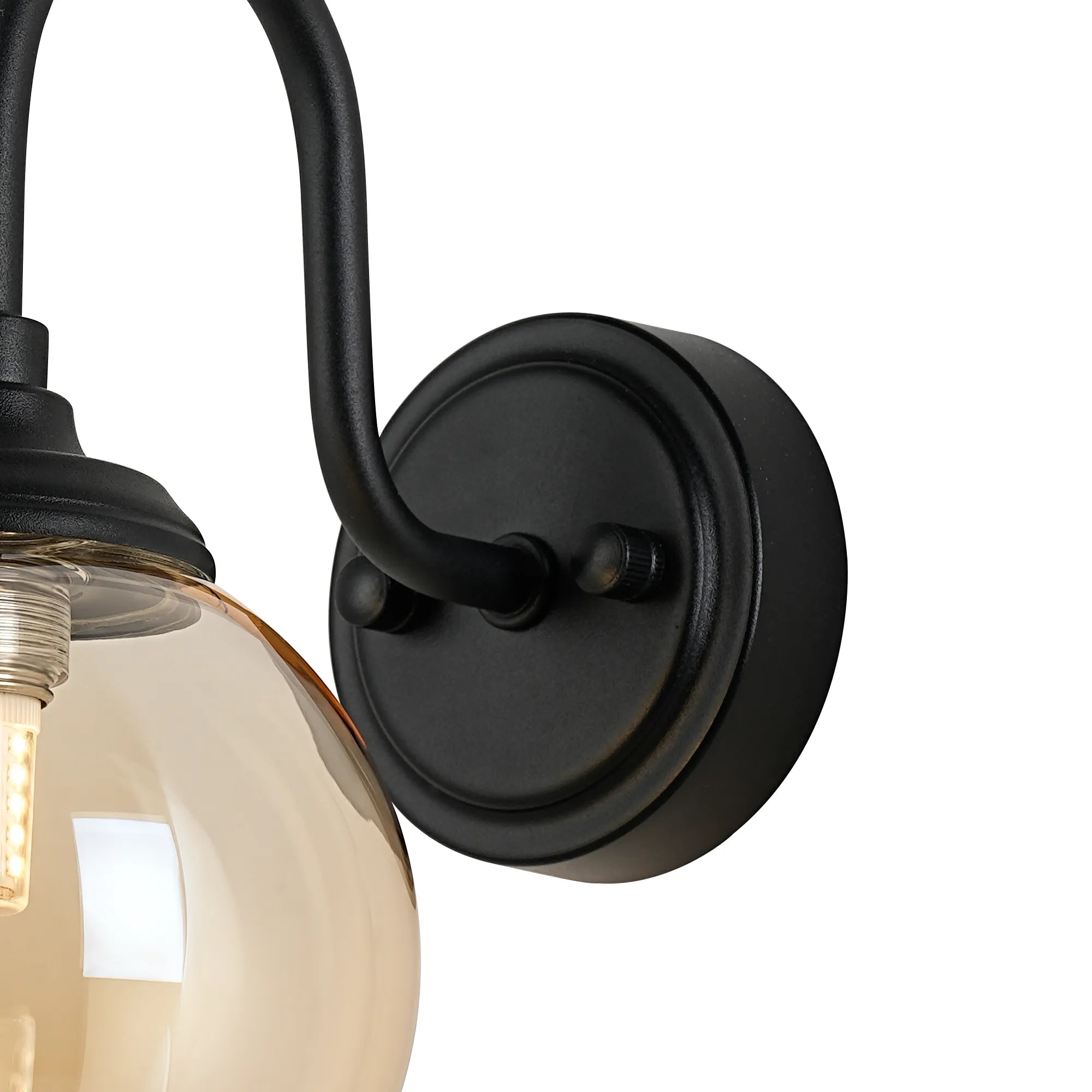 Dene Curved Arm Wall Light - 1 Light - IP44 Satin Black & Amber Smooth Round Glass