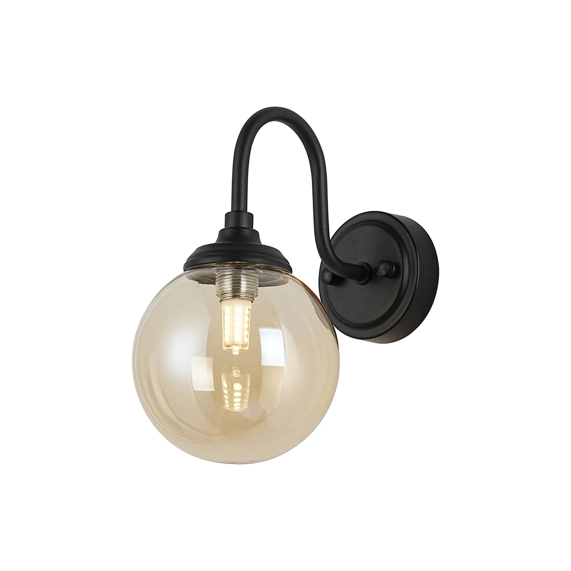 Dene Curved Arm Wall Light - 1 Light - IP44 Satin Black & Amber Smooth Round Glass