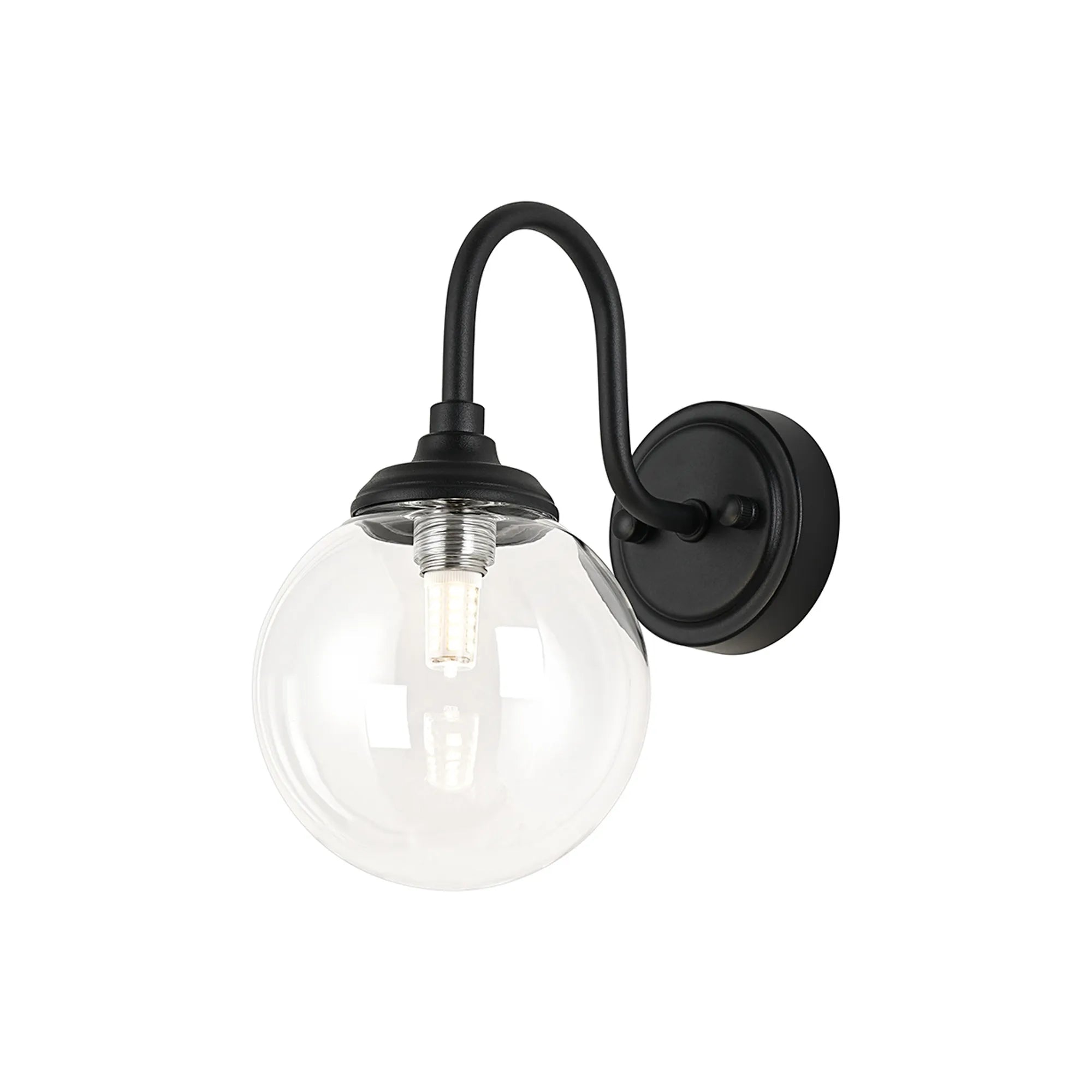 Dene Curved Arm Wall Light - 1 Light - IP44 Satin Black & Clear Smooth Round Glass