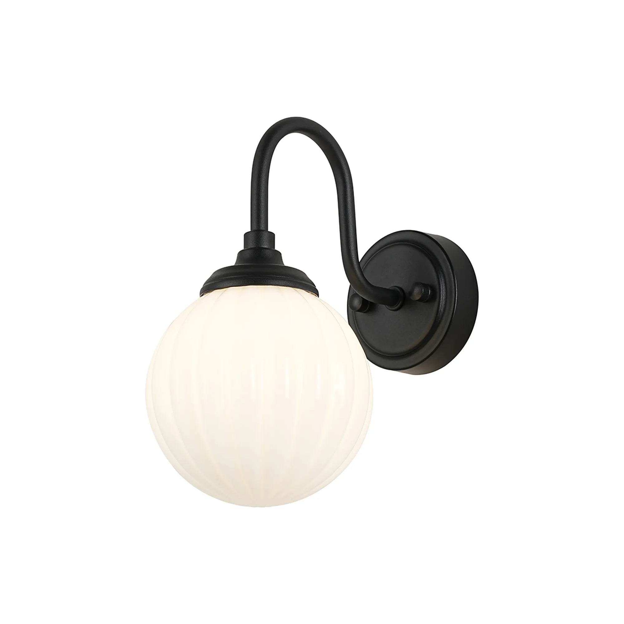 Dene Curved Arm Wall Light - 1 Light - IP44 Satin Black & Opal Round Segment Glass