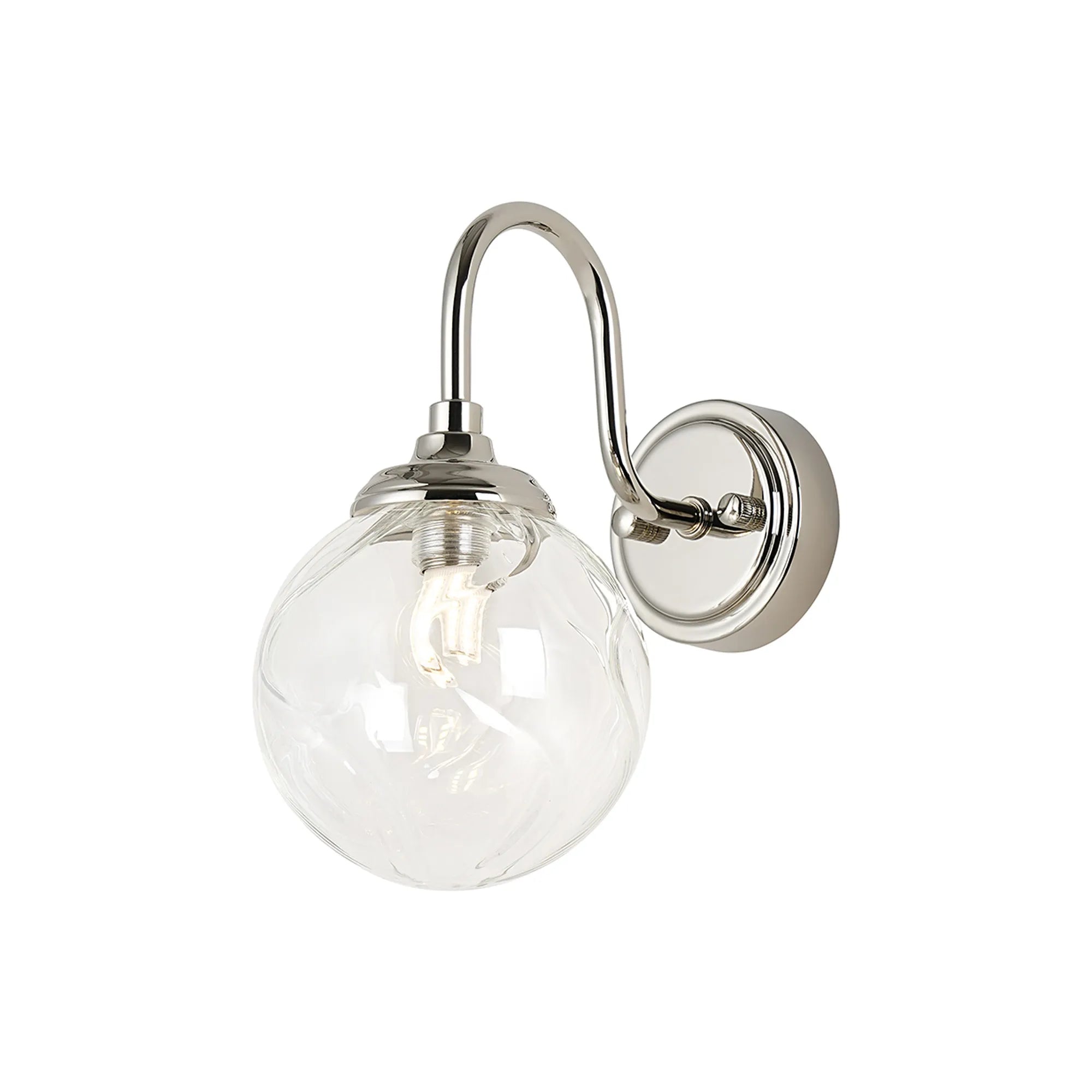 Dene Curved Arm Wall Light - 1 Light - IP44 Polished Nickel & Clear Waved Round Glass