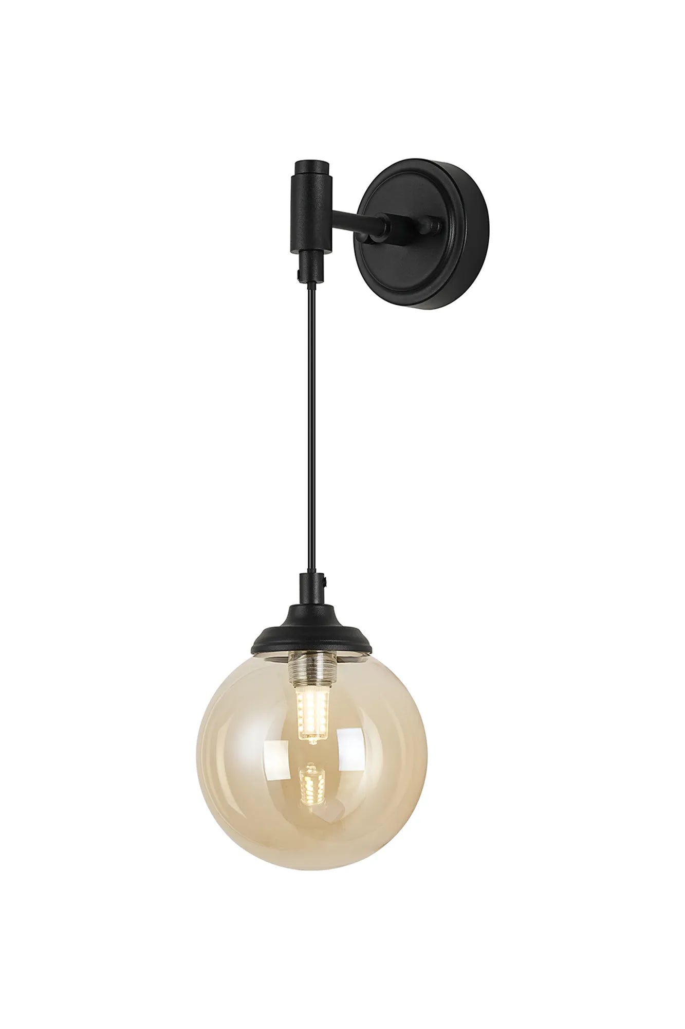 Dene Adjustable Single Wall Light IP44 - Satin Black & Amber Smooth Round Glass