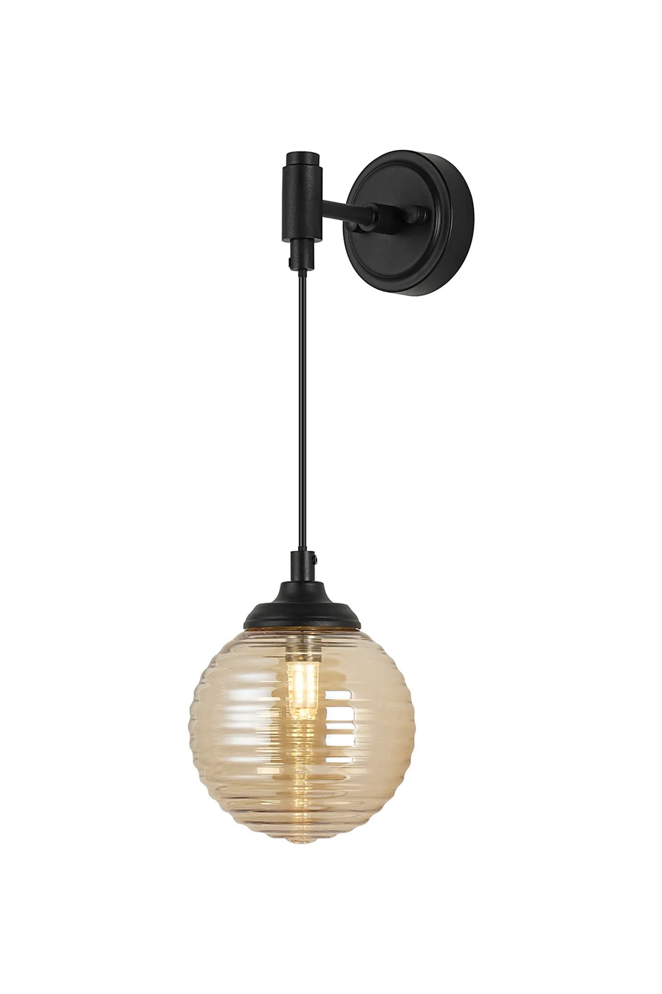 Dene Adjustable Single Wall Light IP44 - Satin Black & Amber Ribbed Round Glass
