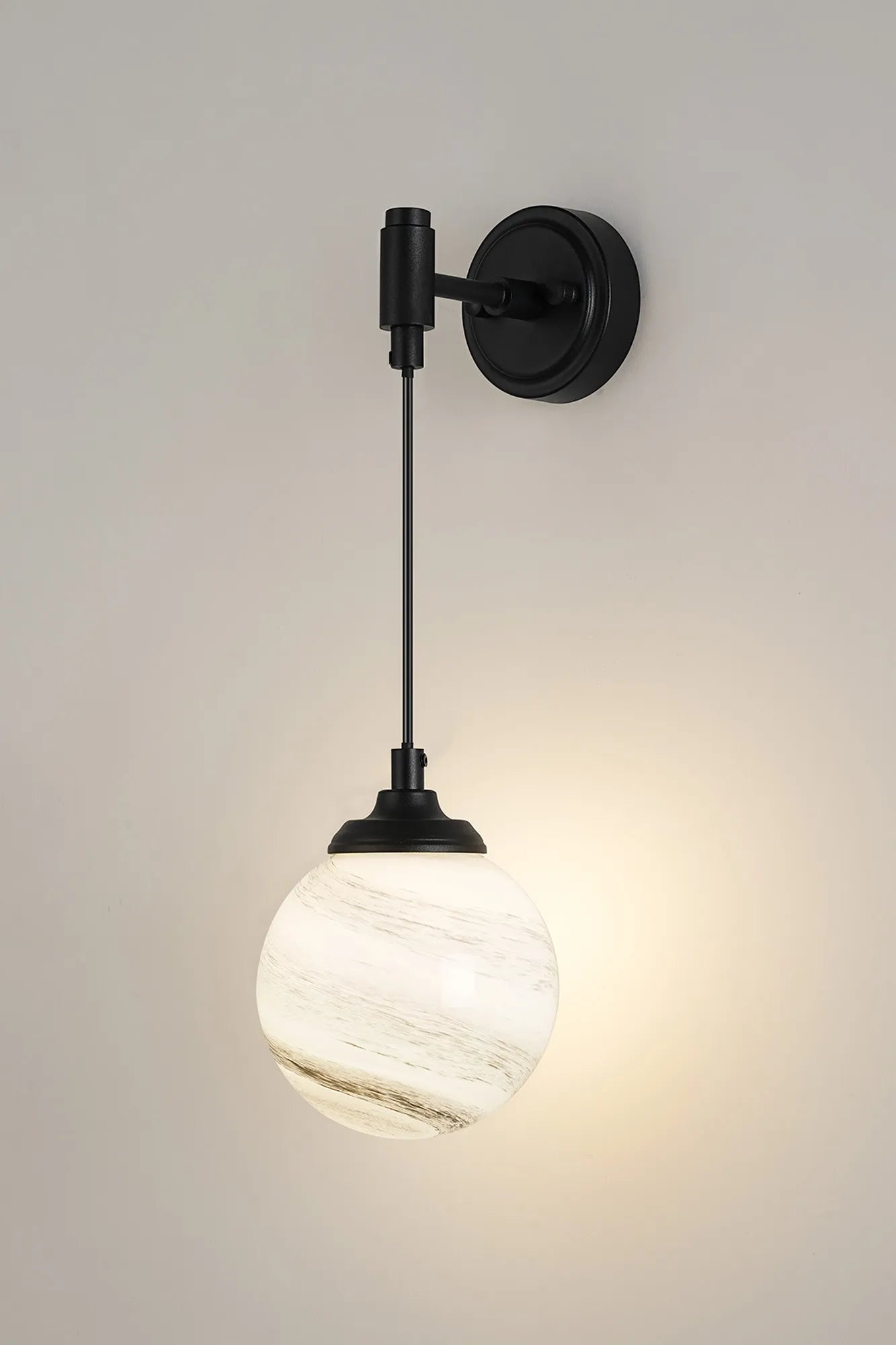 Dene Adjustable Single Wall Light IP44 - Satin Black & Grey & White Round Marble Effect Glass