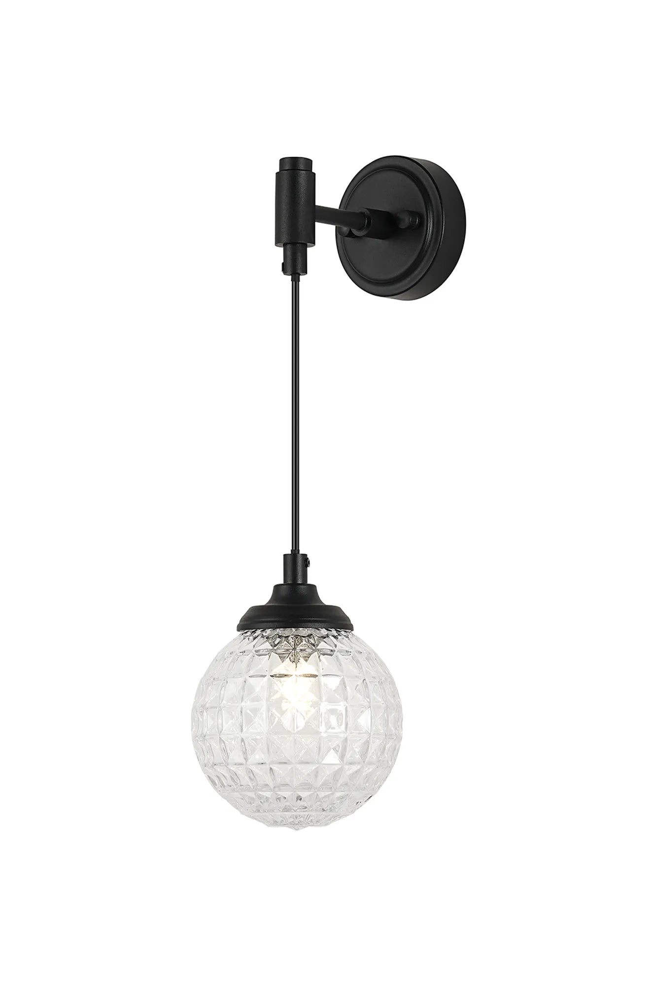 Dene Adjustable Single Wall Light IP44 - Satin Black & Clear Cross Pattern Round Glass