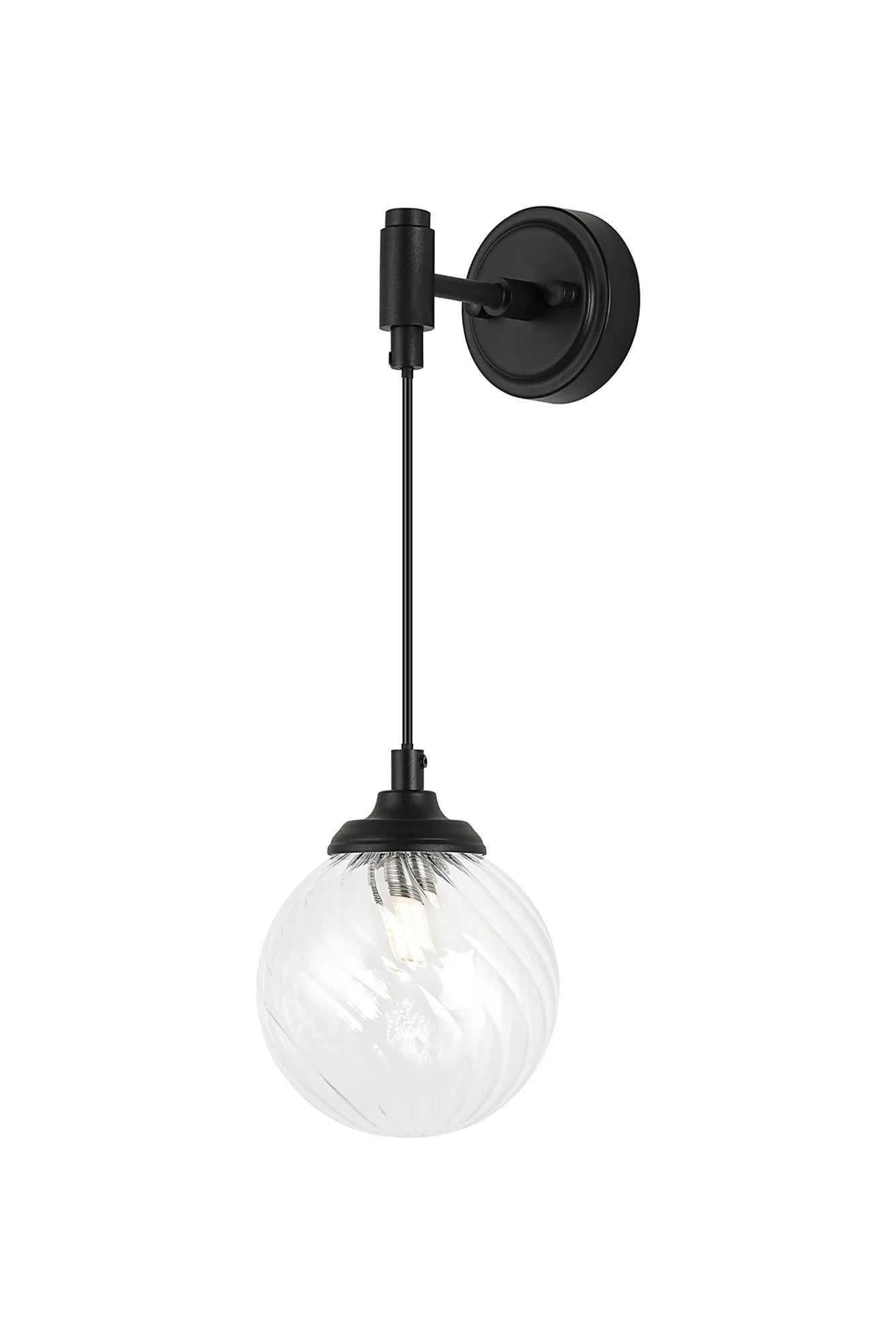 Dene Adjustable Single Wall Light IP44 - Satin Black & Clear Swirl Round Glass