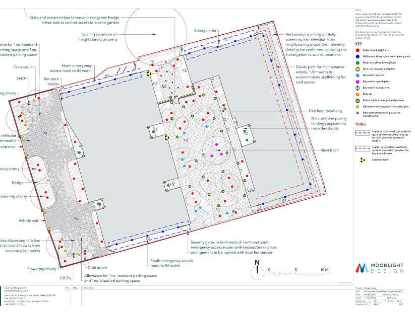 Site plan with labeled features and Moonlight Design logo