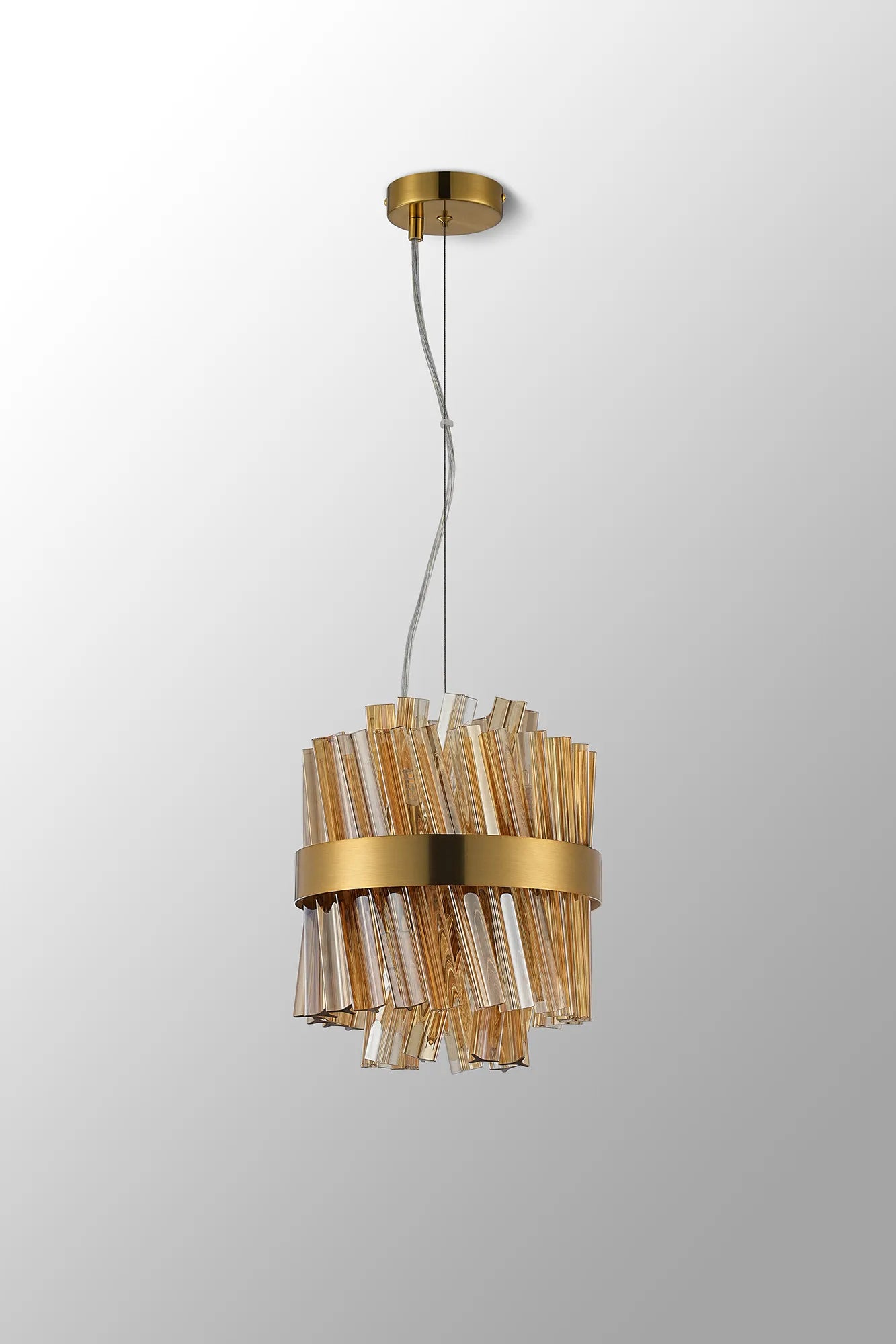 Farnley Pendant Round 6 Light - Brass & Amber Sculpted Glass