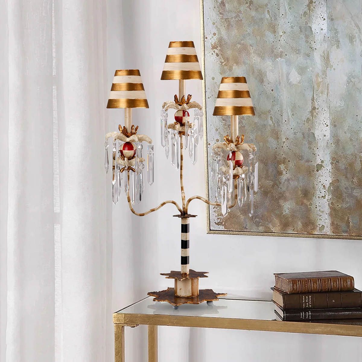 Flambeau Birdland 3 Arm Table Lamp - Gold Leaf & Cream