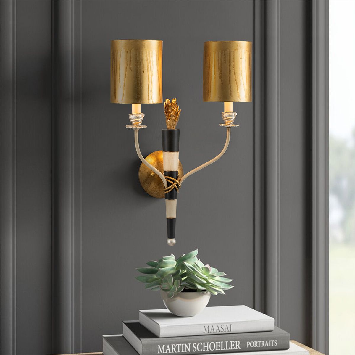 Flambeau 2 Light Wall Light - Black & Cream