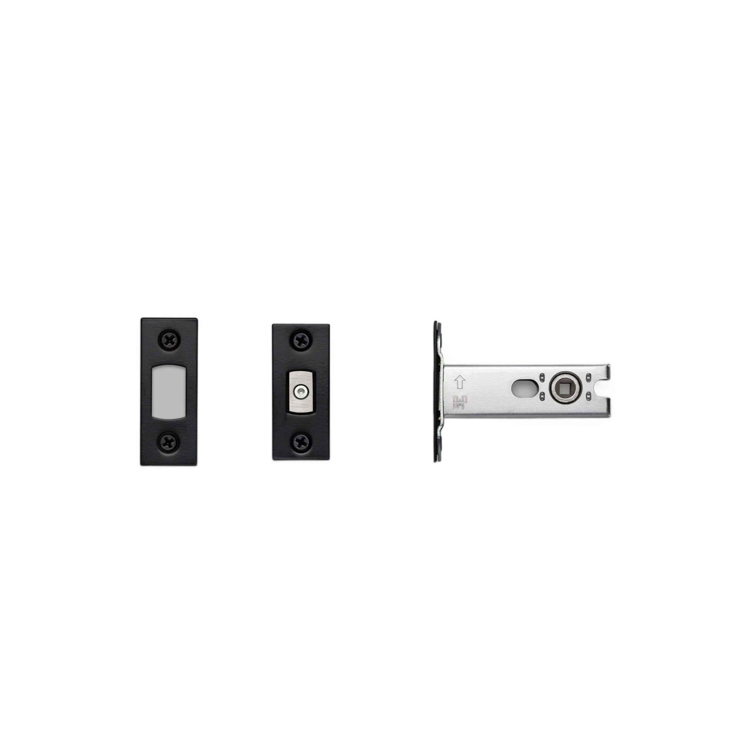 Black 57mm tubular deadbolt latch shown on a white background, faceplate and strike plate visible.