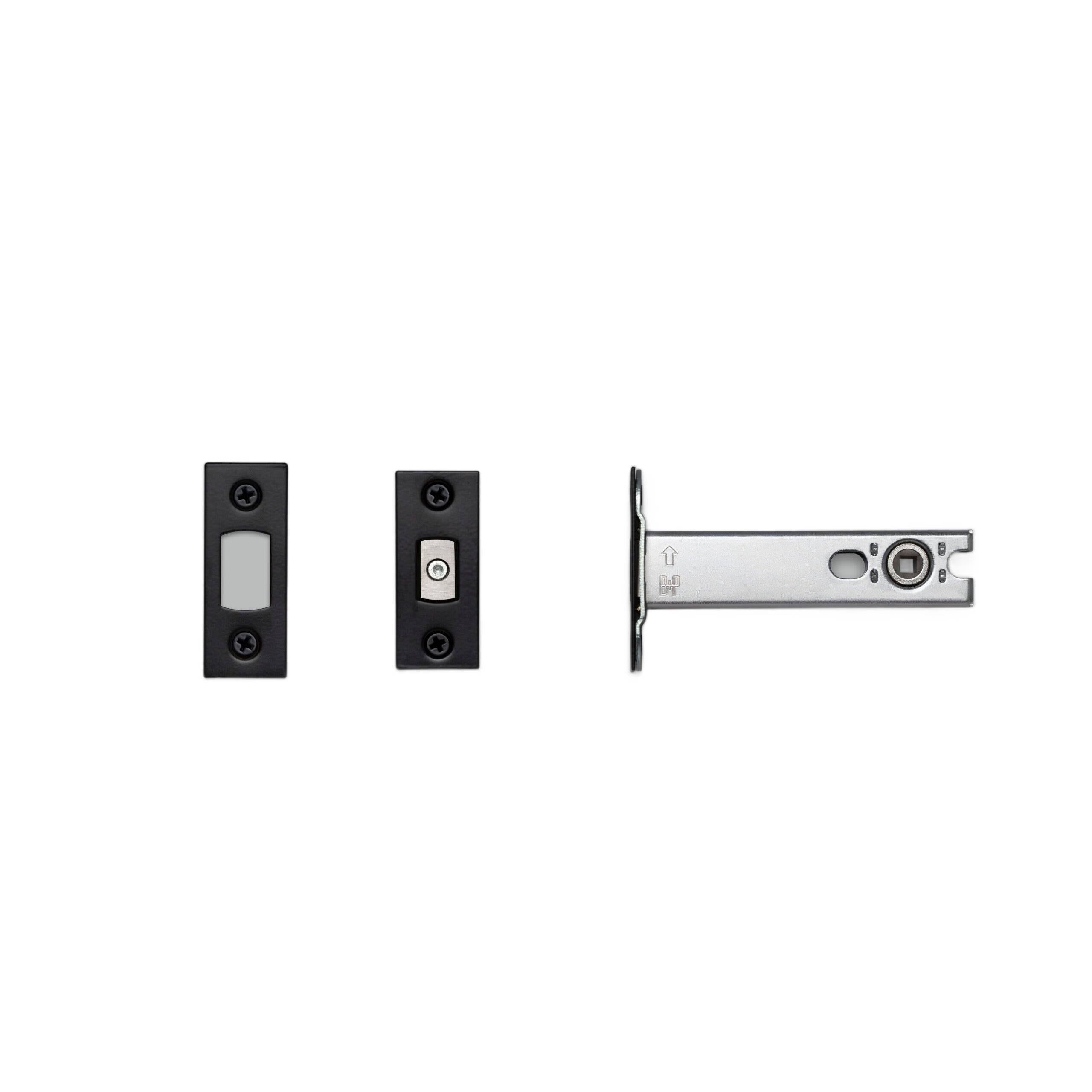 Black 82mm tubular deadbolt latch shown on a white background, faceplate and strike plate visible.