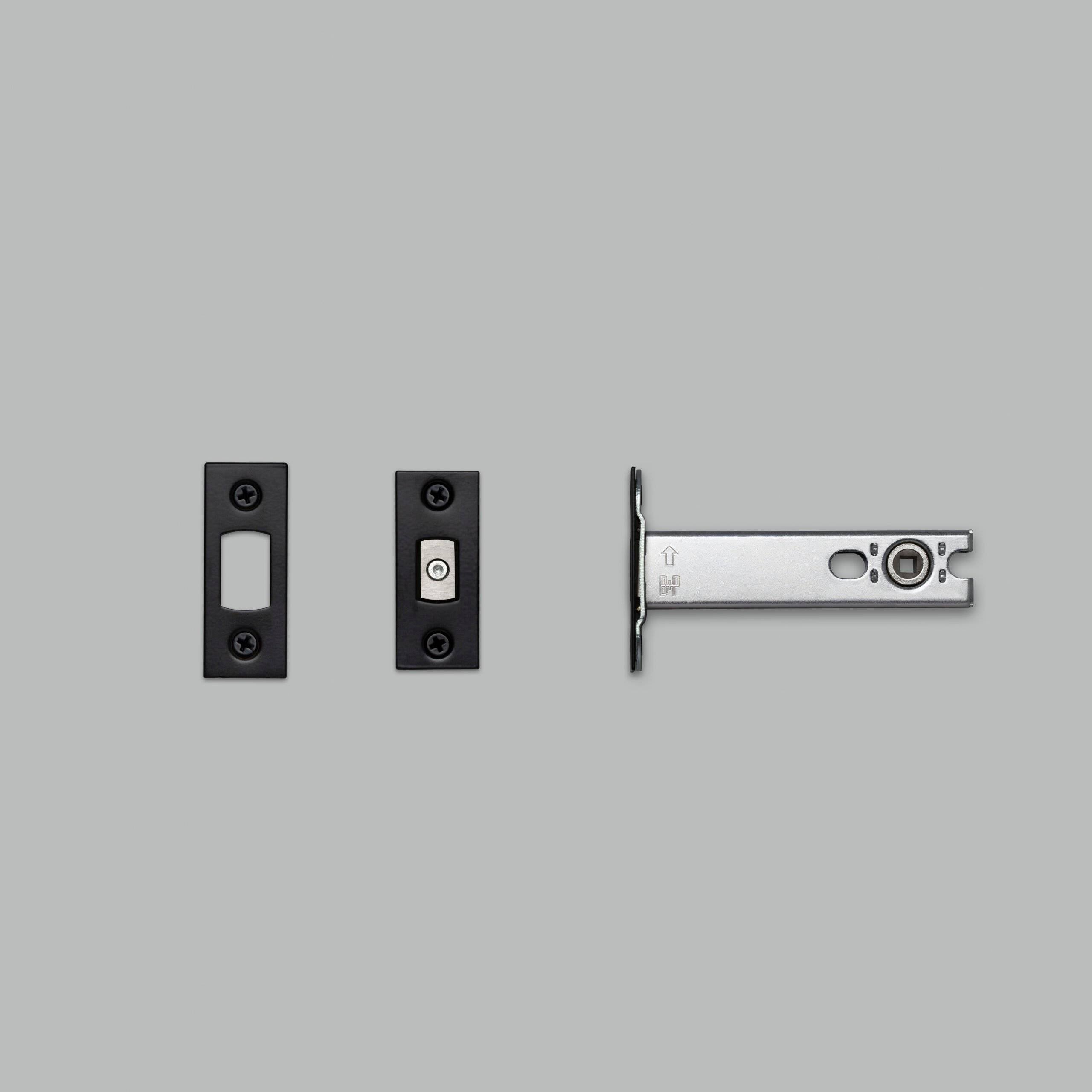 Black tubular deadbolt latch body, faceplate and strike plate for an 82mm backset thumbturn lock.