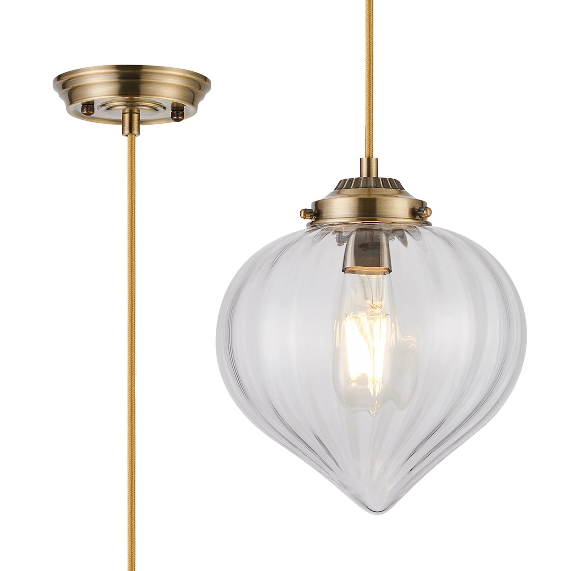 Grove Single Pendant with Flower Bud Shade - Antique Brass & Golden Brown Braided Cable & Clear