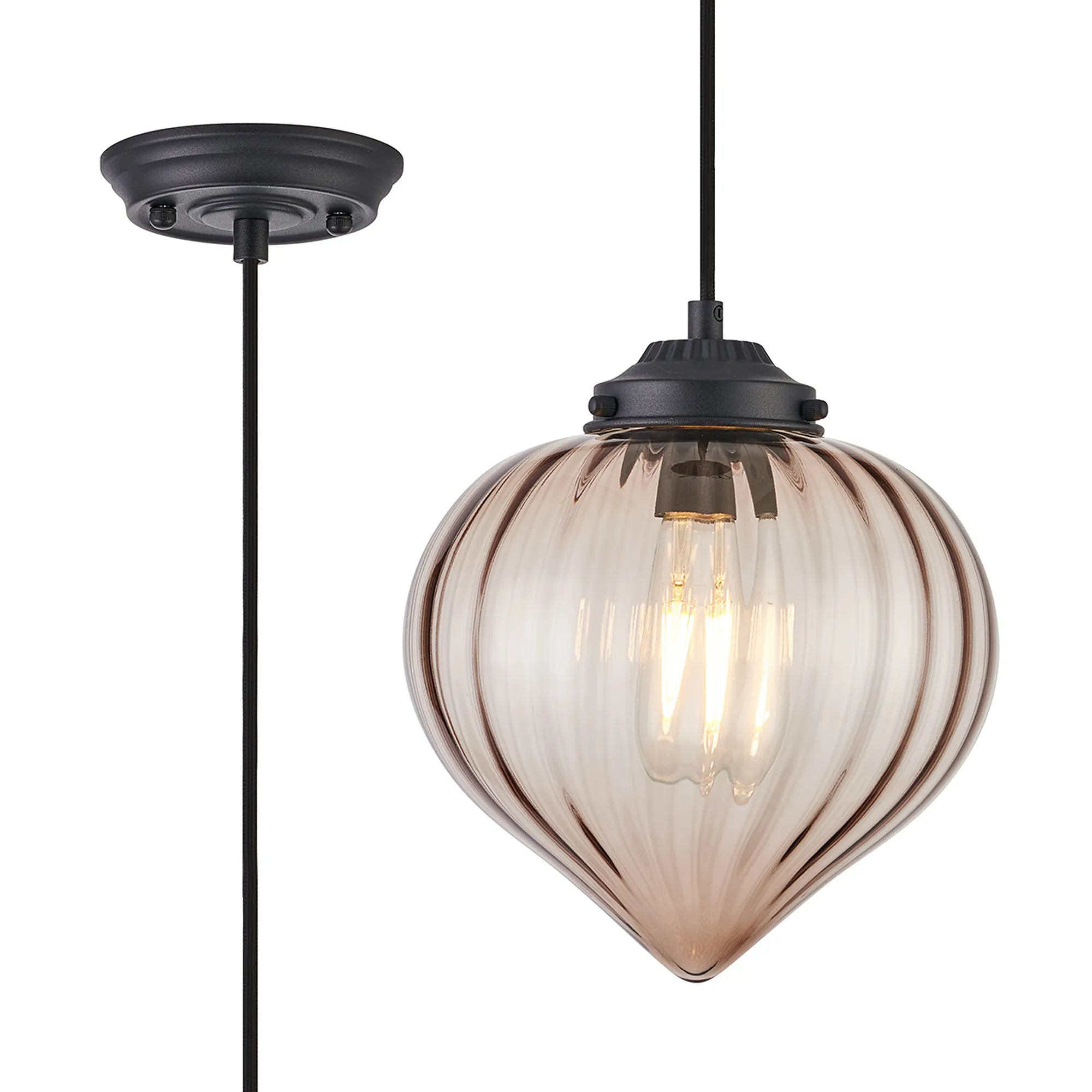 Grove Single Pendant with Flower Bud Shade - Satin Black & Black Braided Cable & Cognac