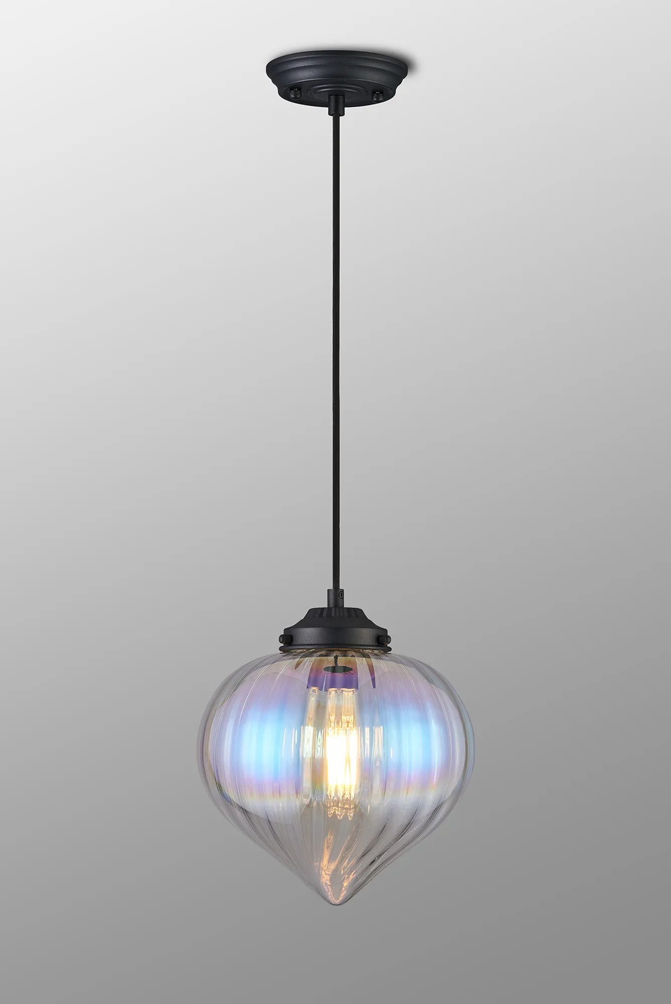Grove Single Pendant with Flower Bud Shade - Satin Black & Black Braided Cable & Iridescent Faded