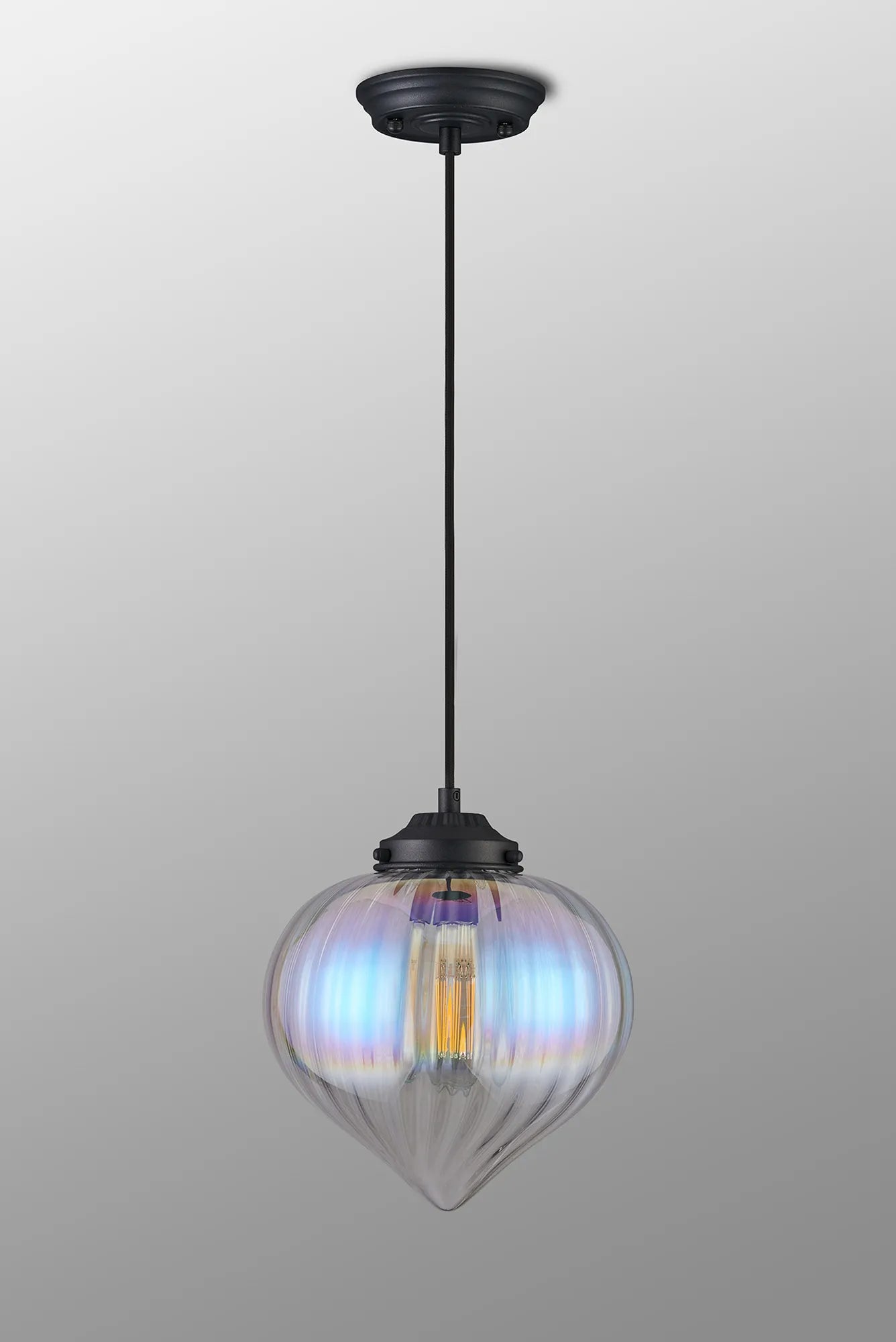 Grove Single Pendant with Flower Bud Shade - Satin Black & Black Braided Cable & Iridescent Faded