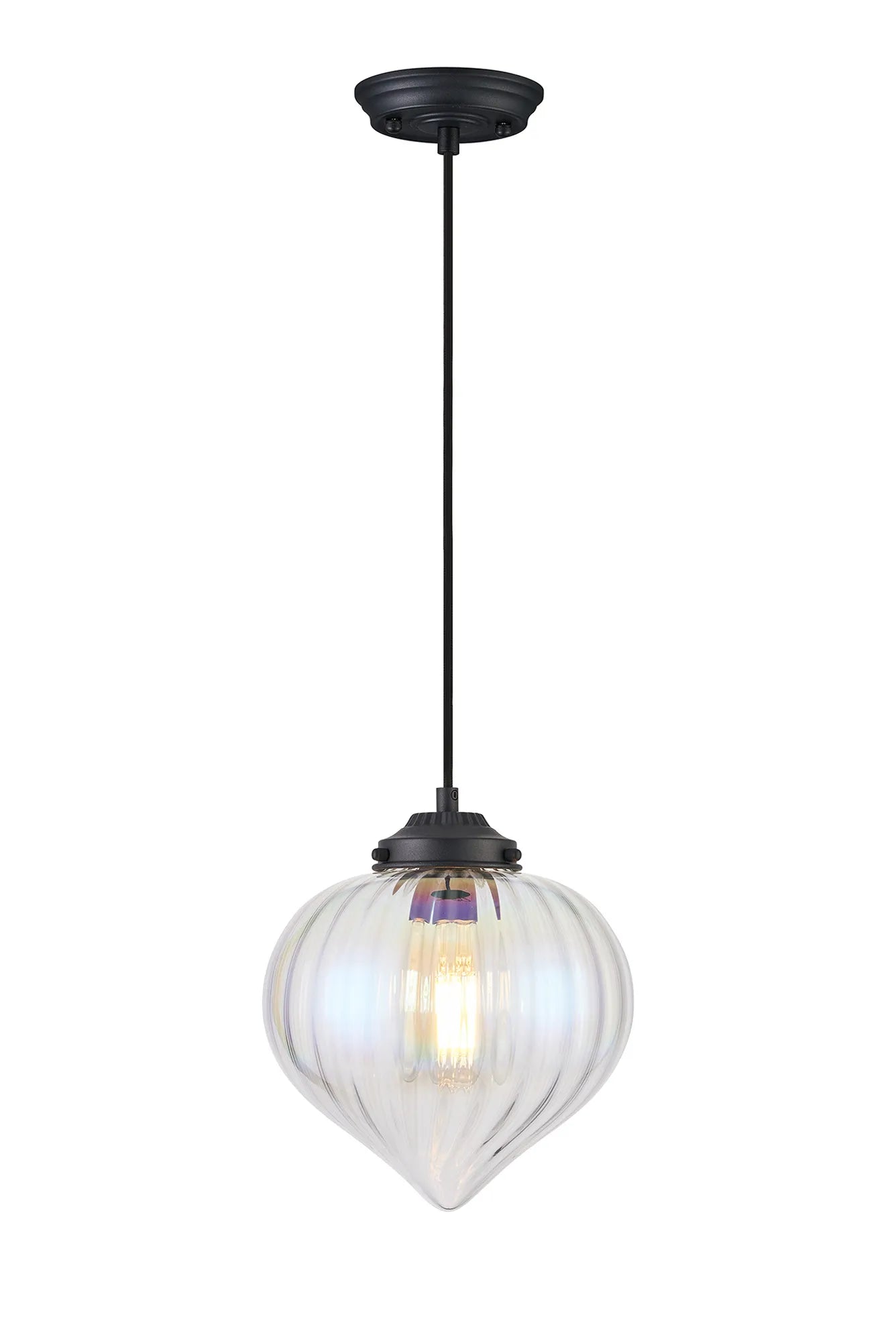 Grove Single Pendant with Flower Bud Shade - Satin Black & Black Braided Cable & Iridescent Faded