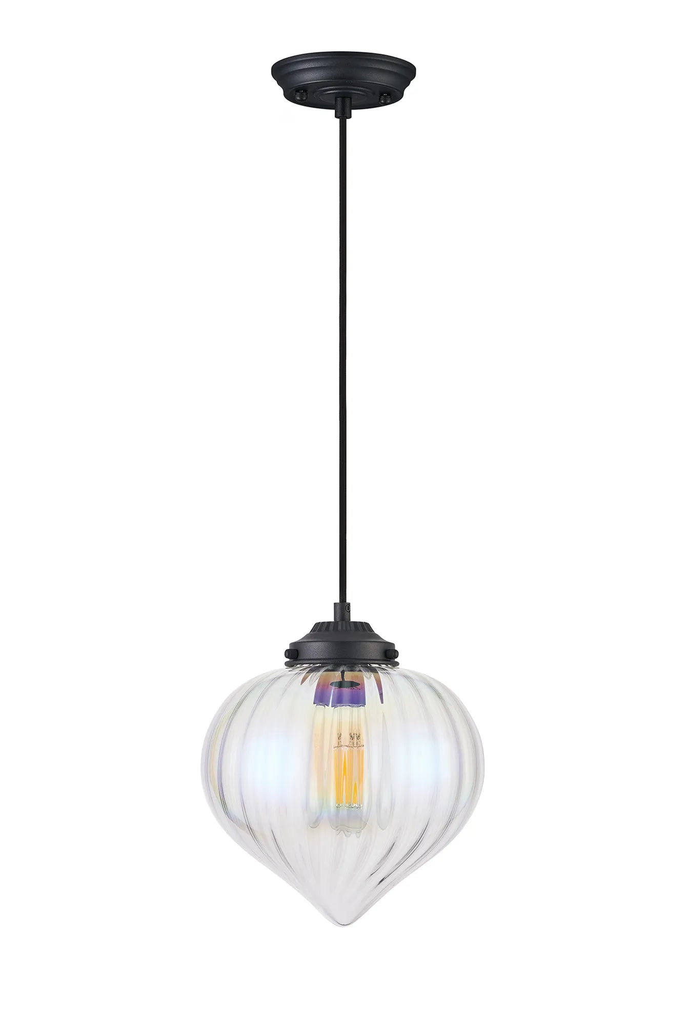 Grove Single Pendant with Flower Bud Shade - Satin Black & Black Braided Cable & Iridescent Faded