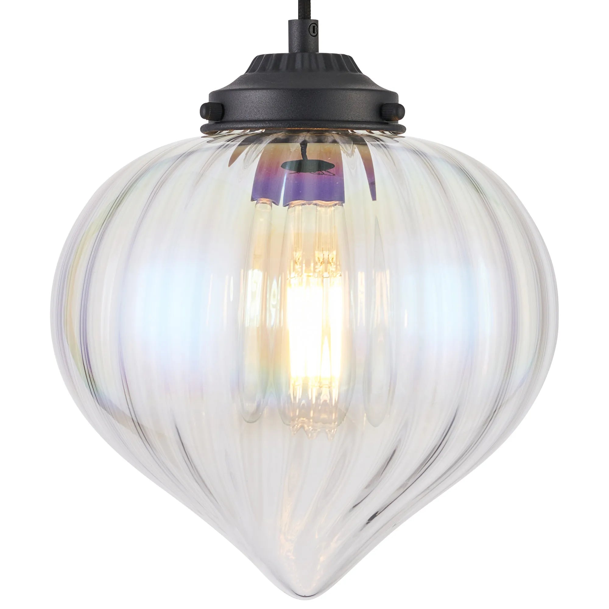 Grove Single Pendant with Flower Bud Shade - Satin Black & Black Braided Cable & Iridescent Faded
