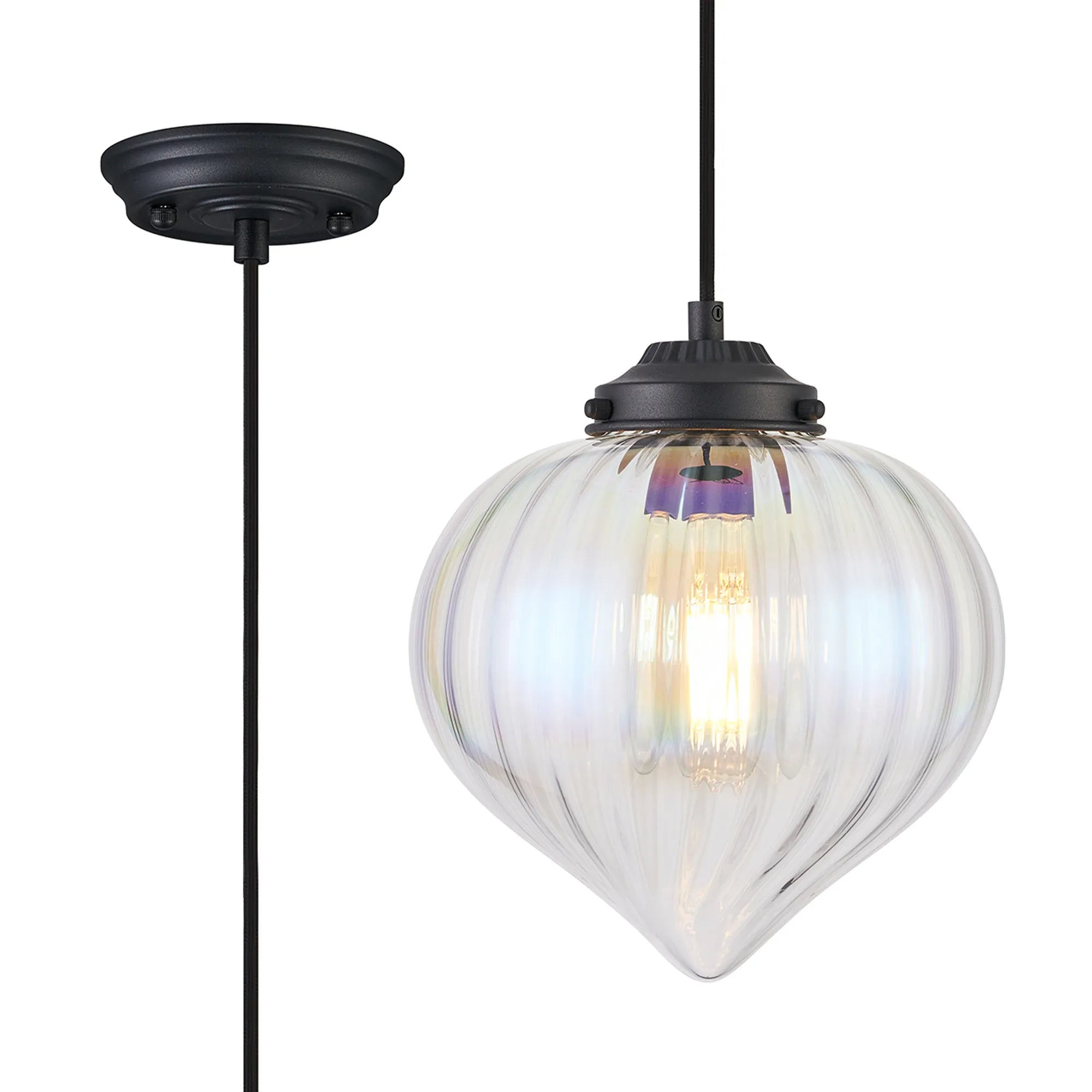 Grove Single Pendant with Flower Bud Shade - Satin Black & Black Braided Cable & Iridescent Faded