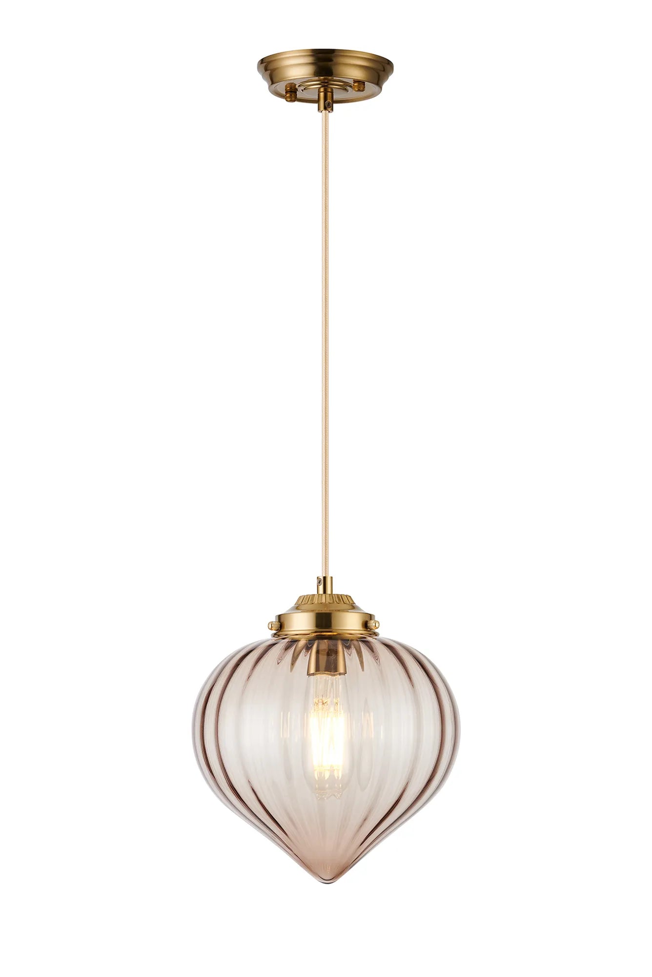 Grove Single Pendant with Flower Bud Shade - Brass & Pale Gold Braided Cable & Cognac