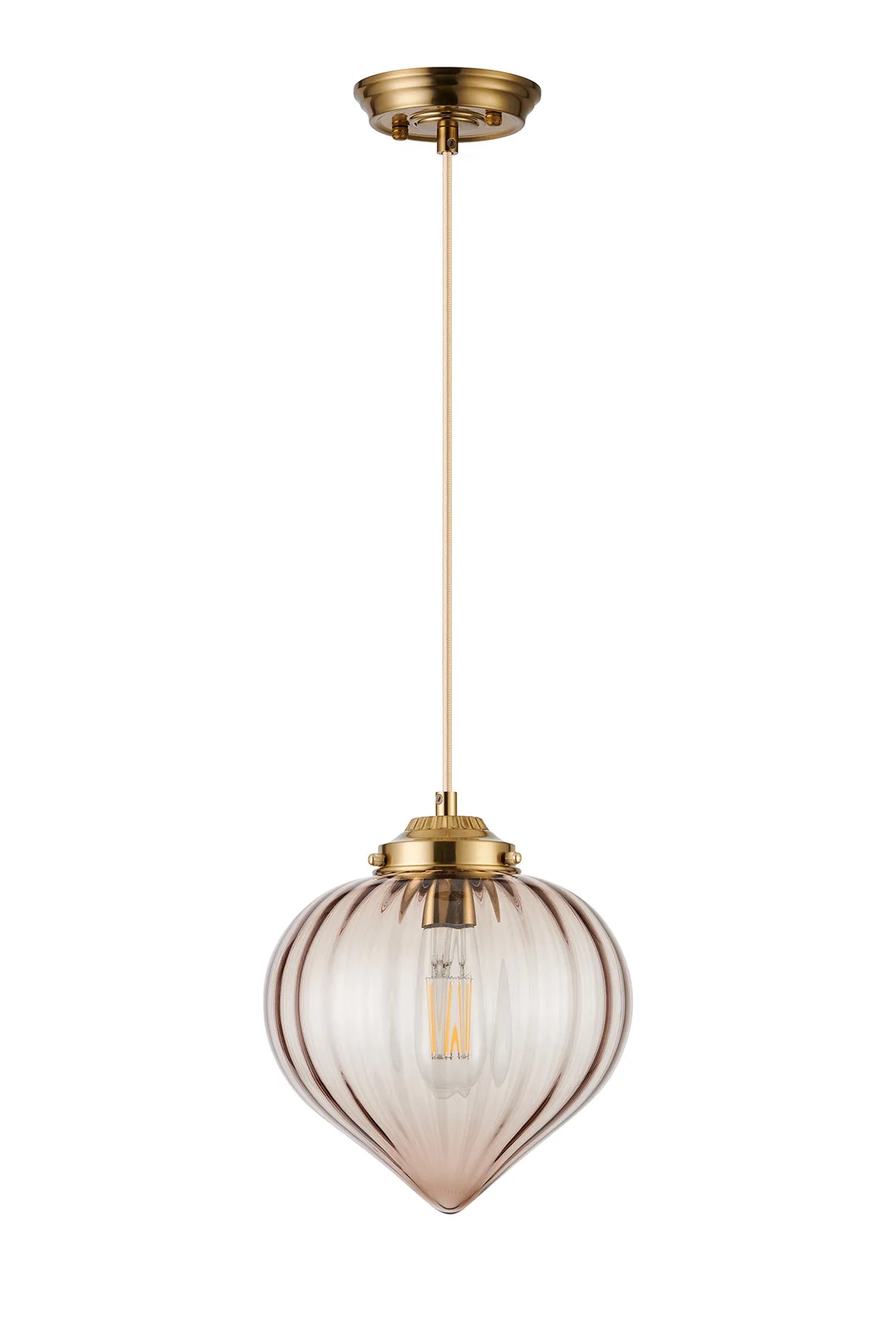 Grove Single Pendant with Flower Bud Shade - Brass & Pale Gold Braided Cable & Cognac