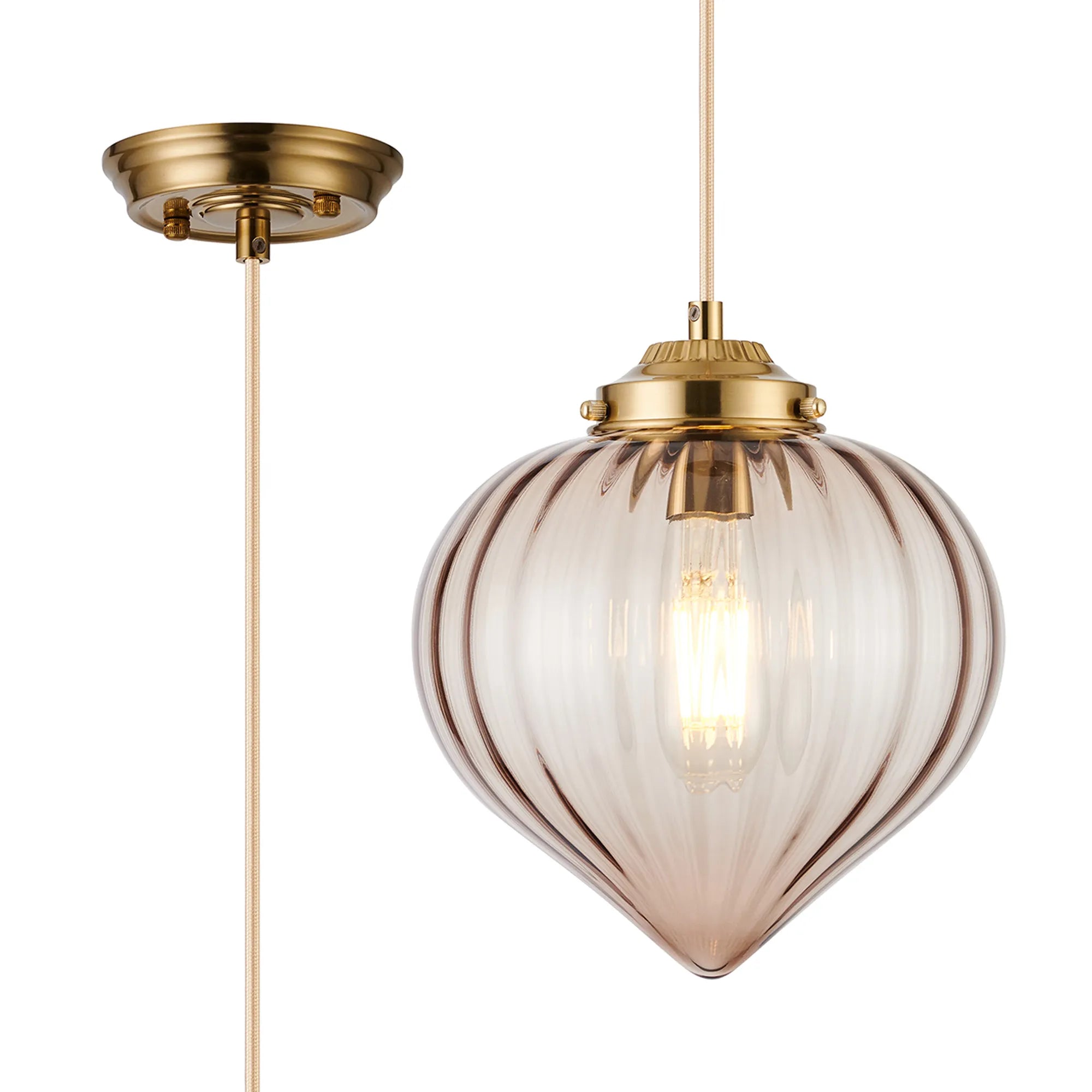 Grove Single Pendant with Flower Bud Shade - Brass & Pale Gold Braided Cable & Cognac