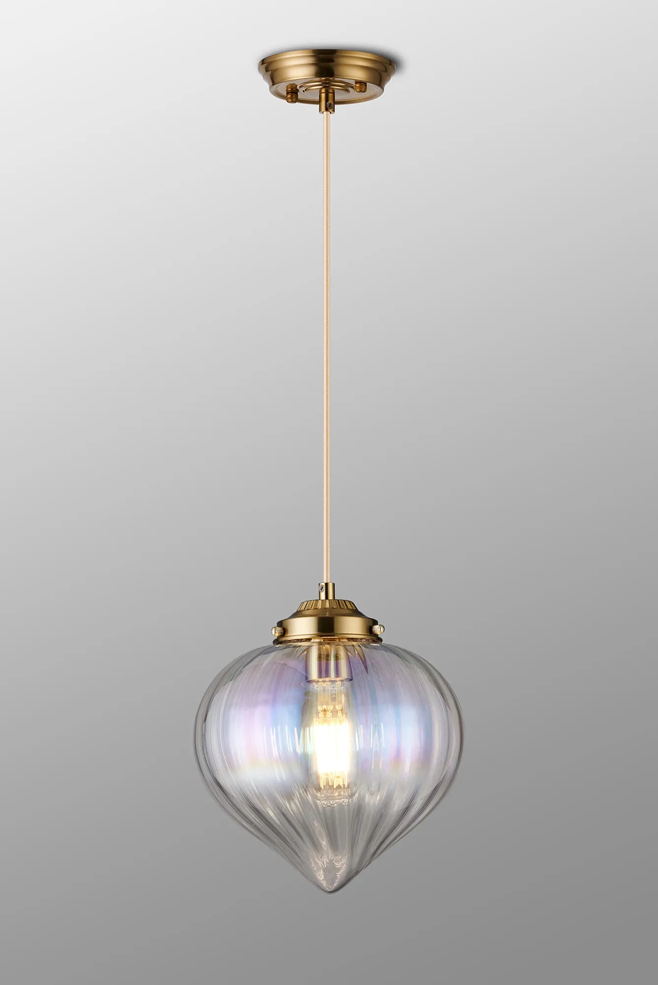 Grove Single Pendant with Flower Bud Shade - Brass & Pale Gold Braided Cable & Iridescent Faded