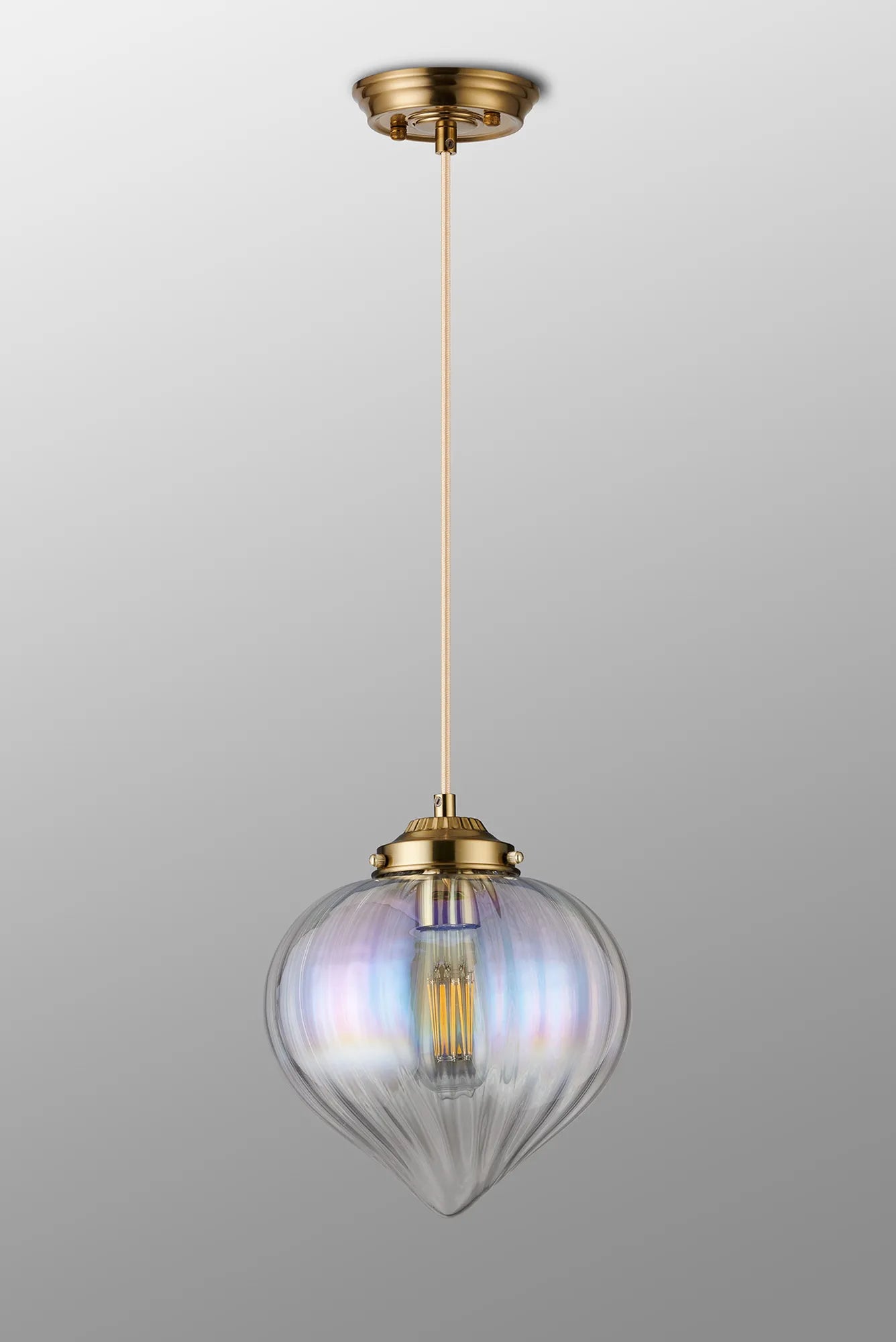 Grove Single Pendant with Flower Bud Shade - Brass & Pale Gold Braided Cable & Iridescent Faded