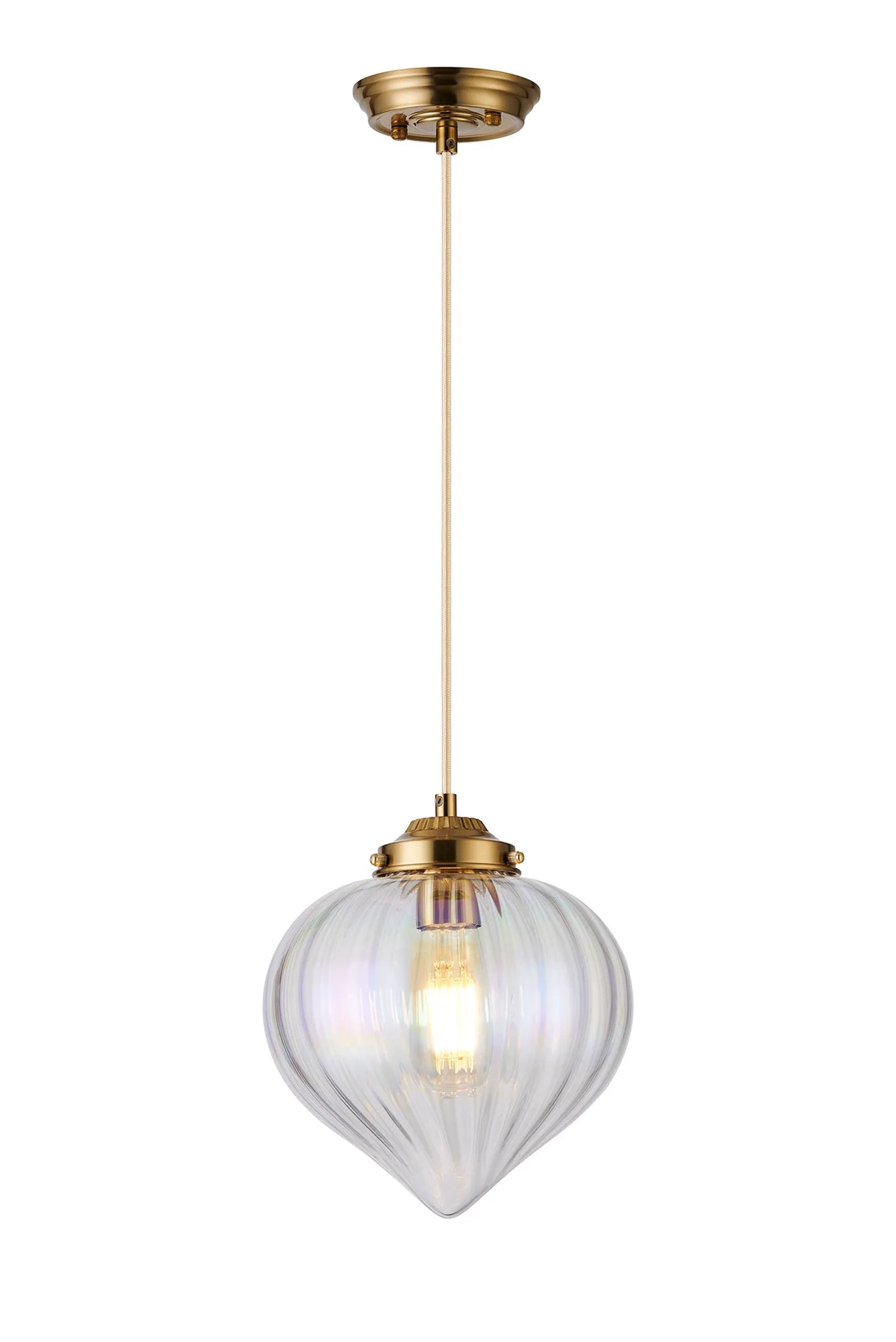 Grove Single Pendant with Flower Bud Shade - Brass & Pale Gold Braided Cable & Iridescent Faded