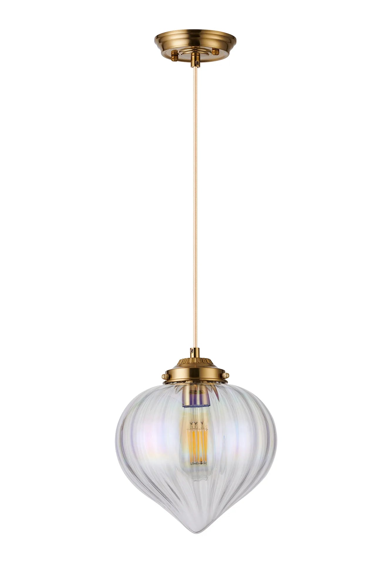 Grove Single Pendant with Flower Bud Shade - Brass & Pale Gold Braided Cable & Iridescent Faded