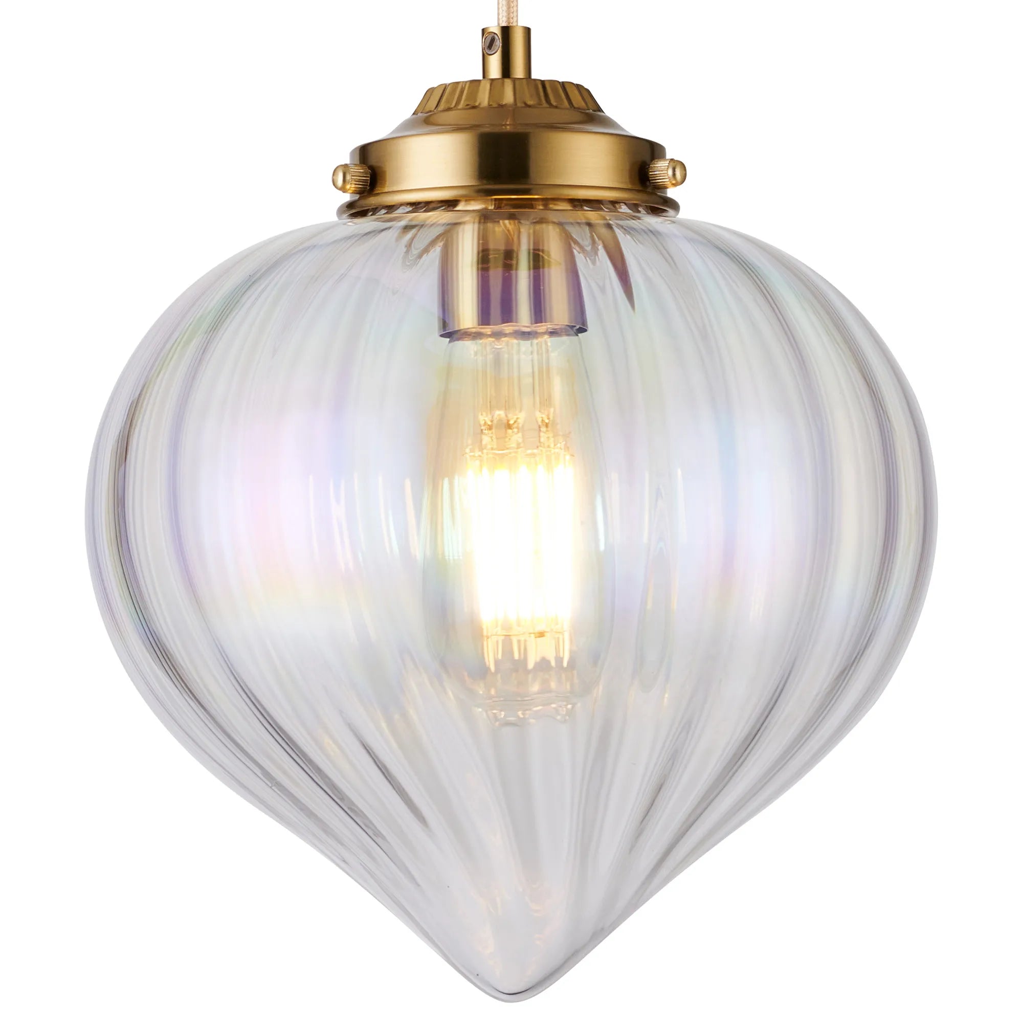 Grove Single Pendant with Flower Bud Shade - Brass & Pale Gold Braided Cable & Iridescent Faded