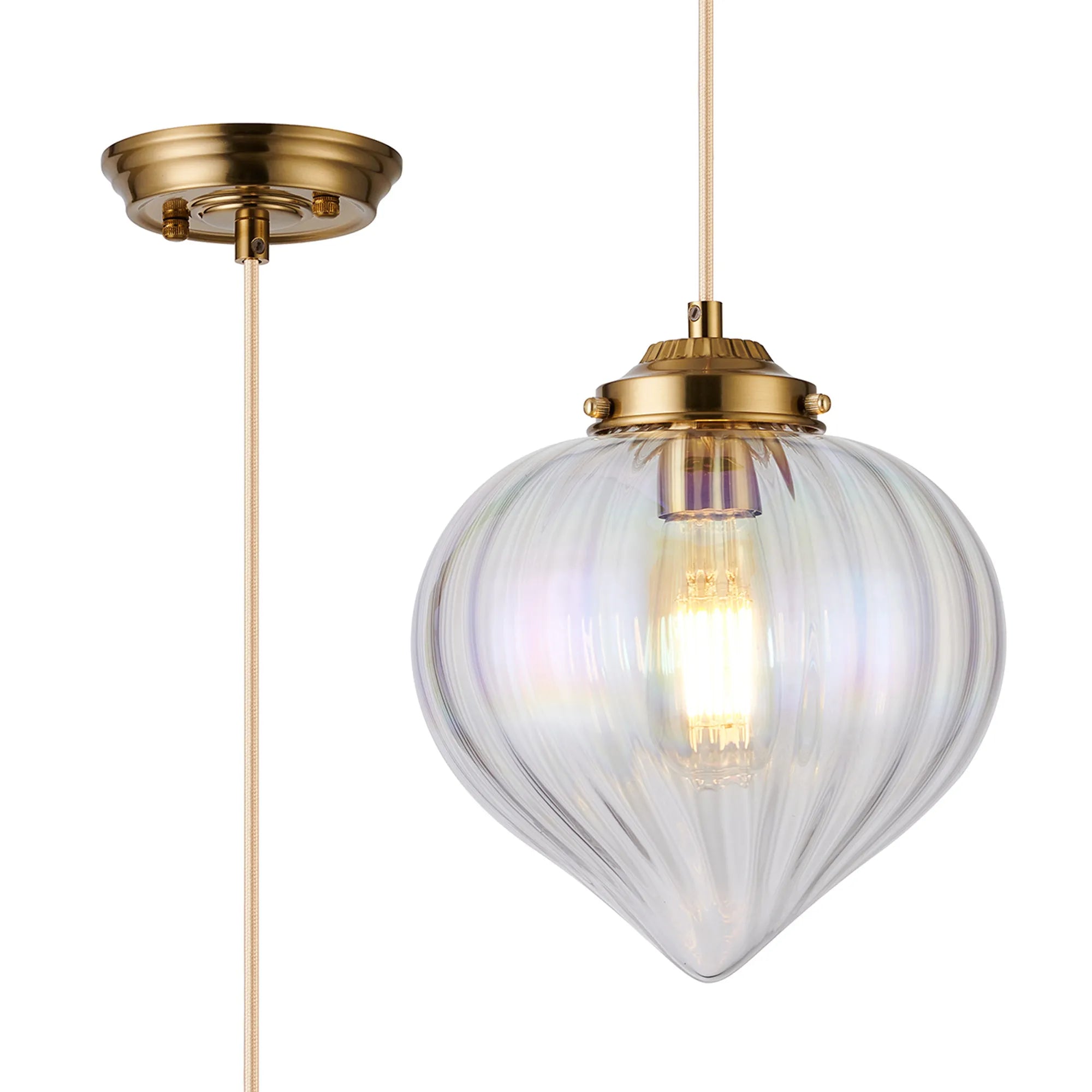Grove Single Pendant with Flower Bud Shade - Brass & Pale Gold Braided Cable & Iridescent Faded