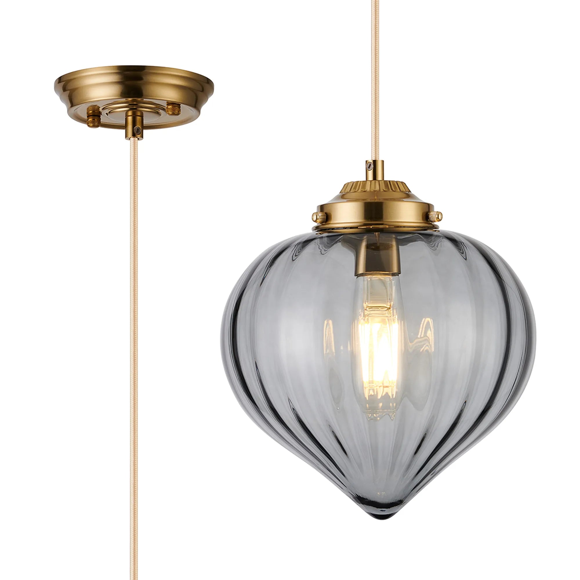 Grove Single Pendant with Flower Bud Shade - Brass & Pale Gold Braided Cable & Smoke