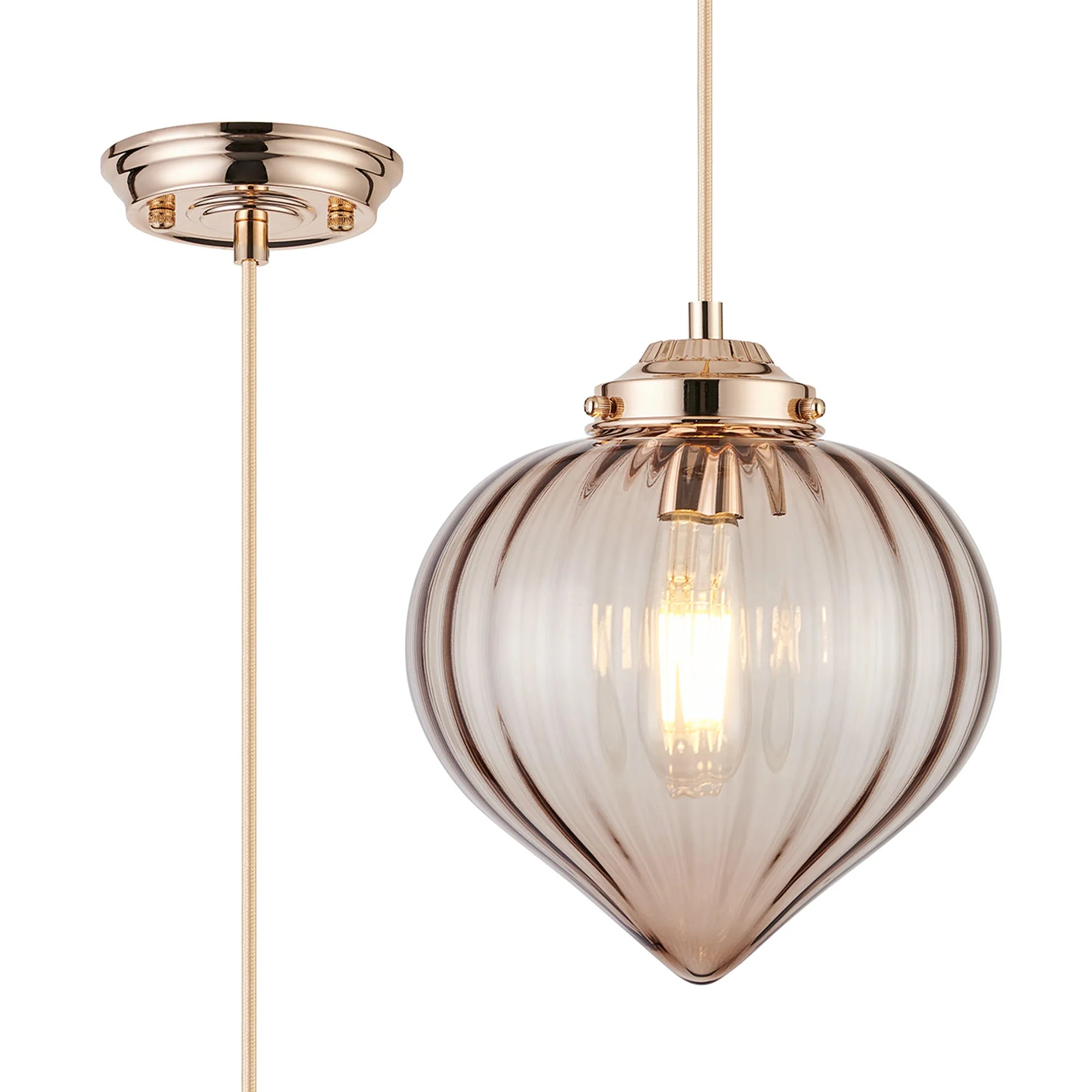 Grove Single Pendant with Flower Bud Shade - French Gold & Gold Braided Cable & Cognac