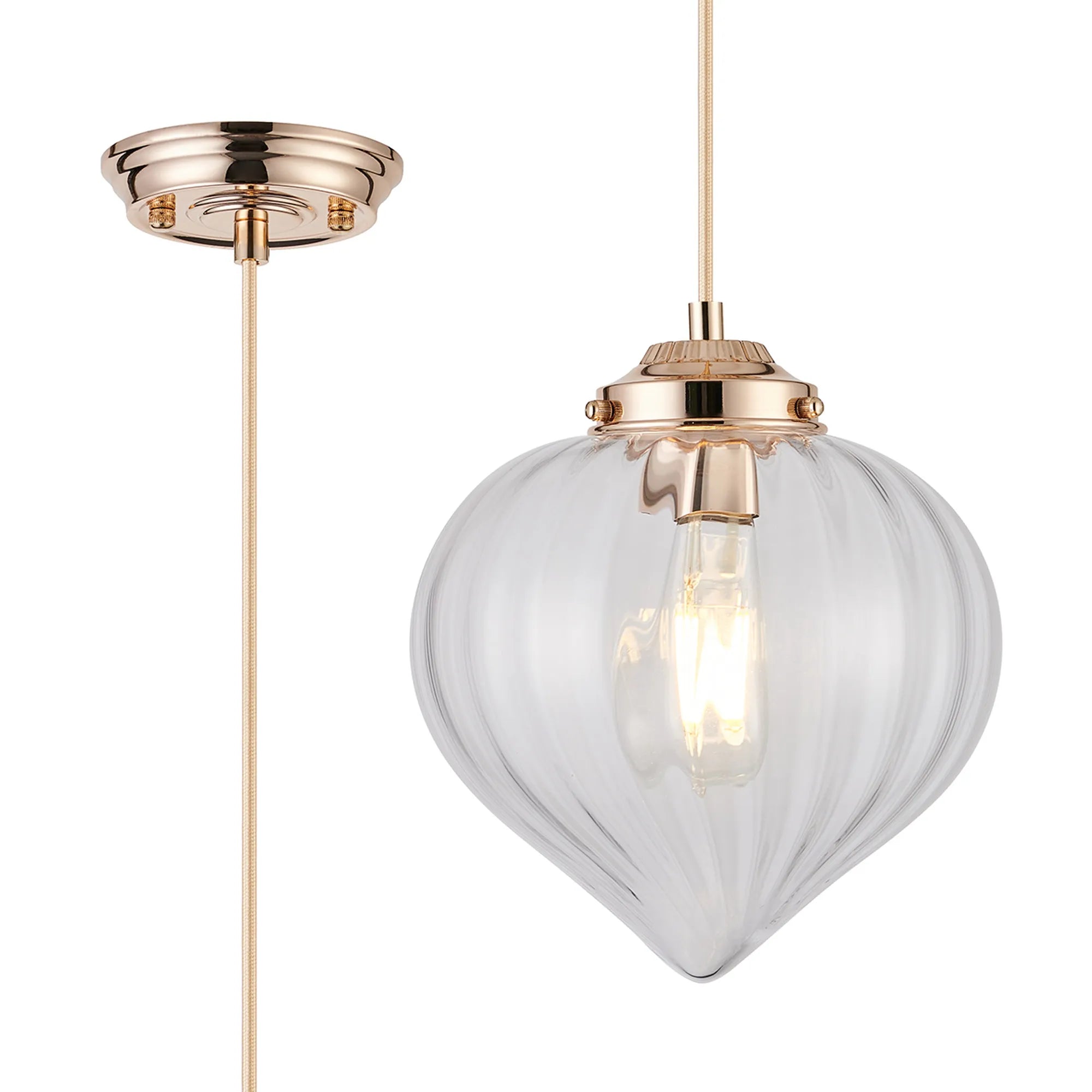 Grove Single Pendant with Flower Bud Shade - French Gold & Gold Braided Cable & Clear