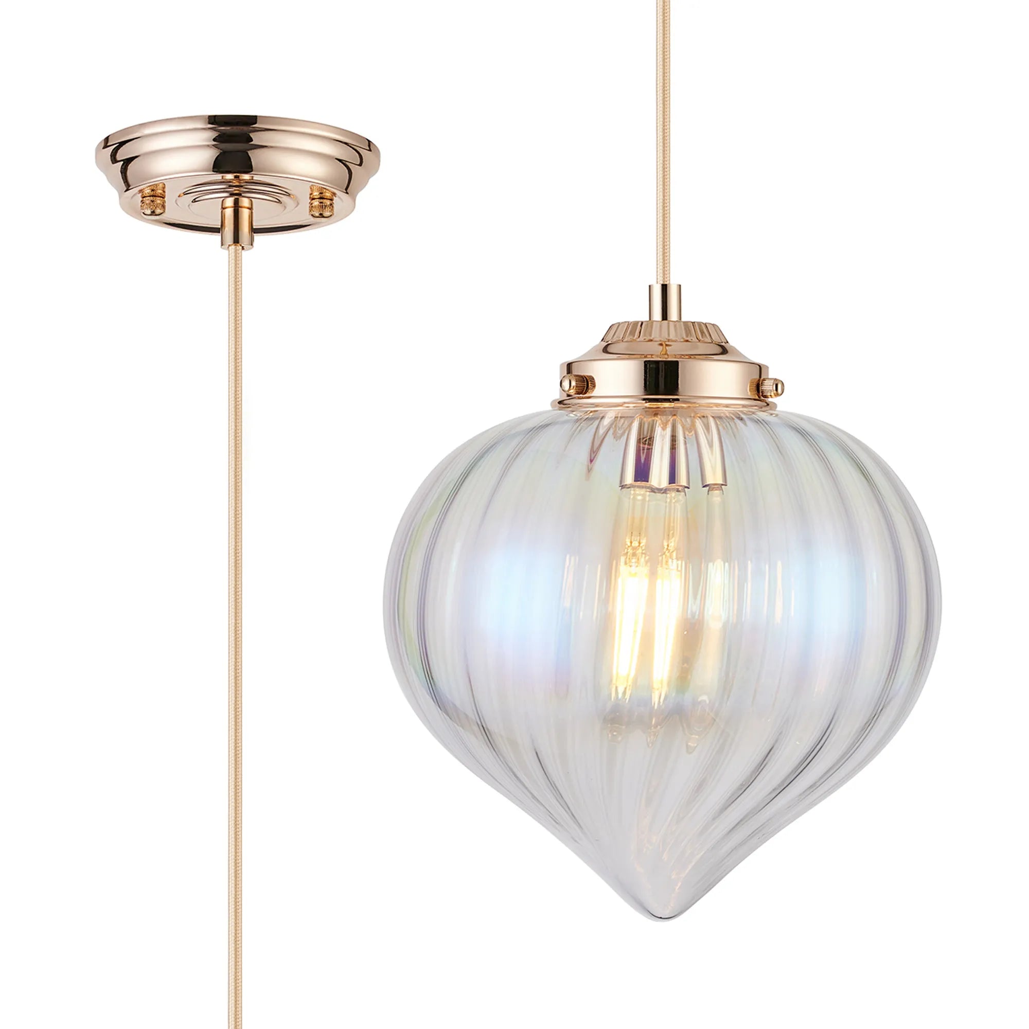 Grove Single Pendant with Flower Bud Shade - French Gold & Gold Braided Cable & Iridescent Faded