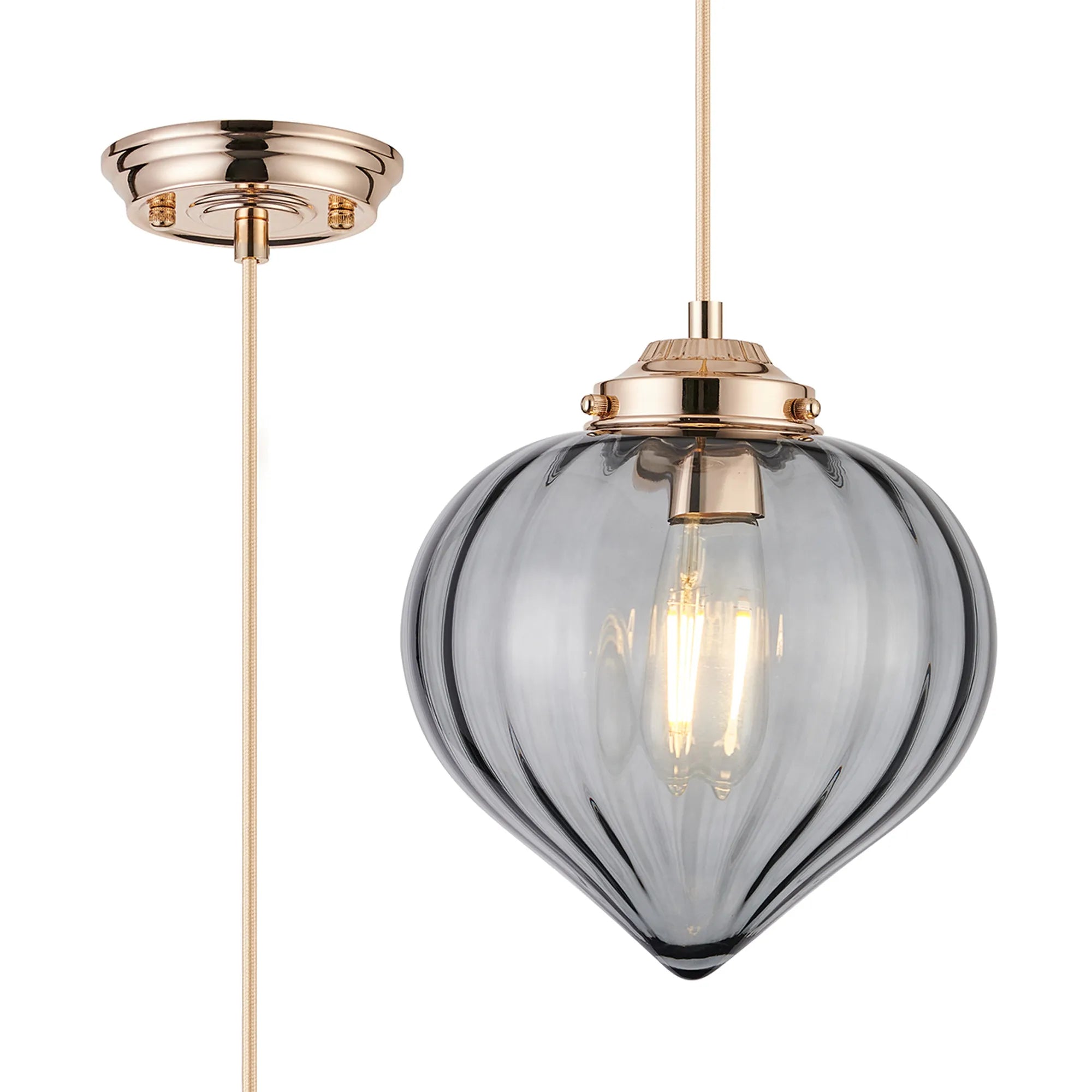 Grove Single Pendant with Flower Bud Shade - French Gold & Gold Braided Cable & Smoke