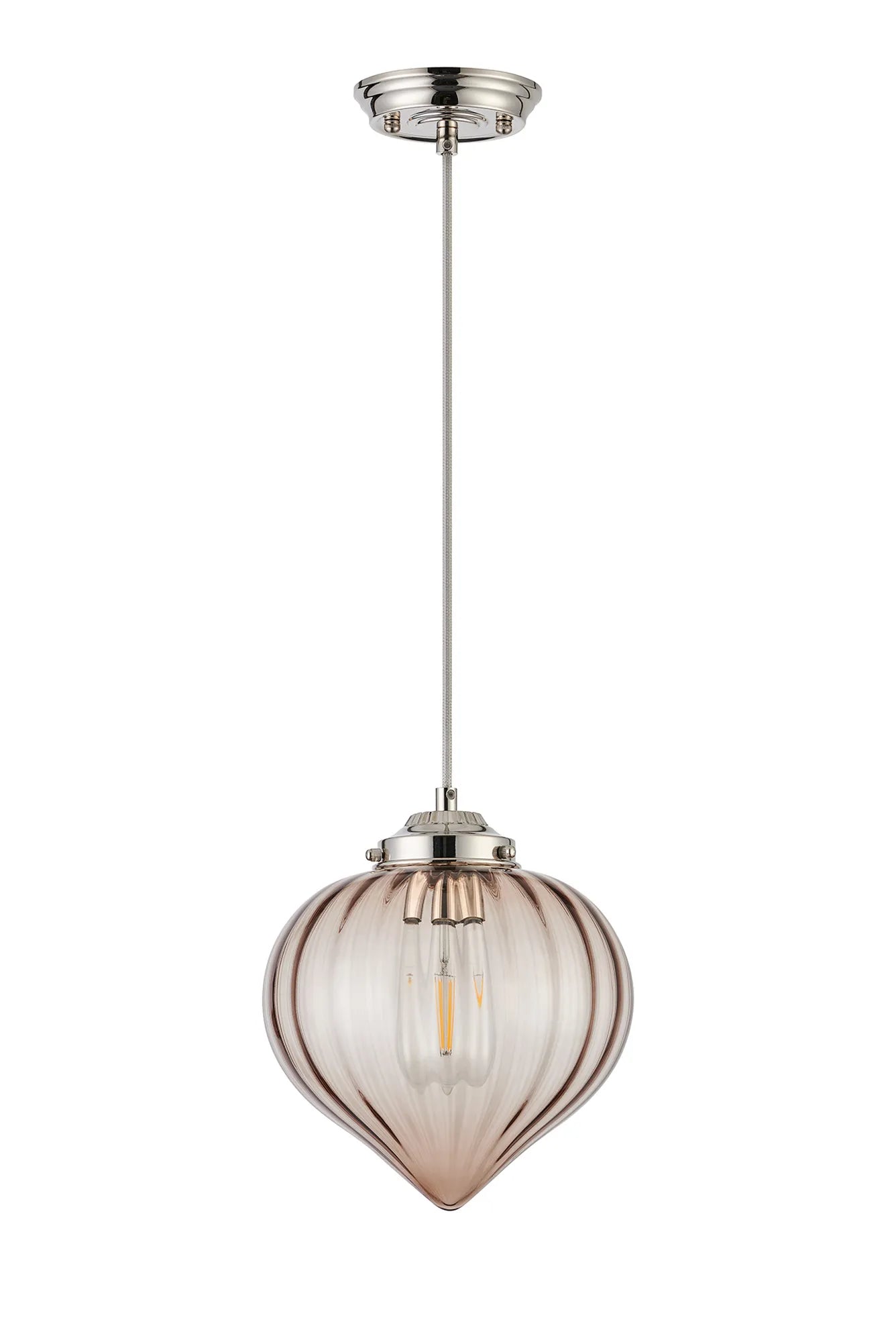 Grove Single Pendant with Flower Bud Shade - Polished Nickel & Grey Braided Cable & Cognac