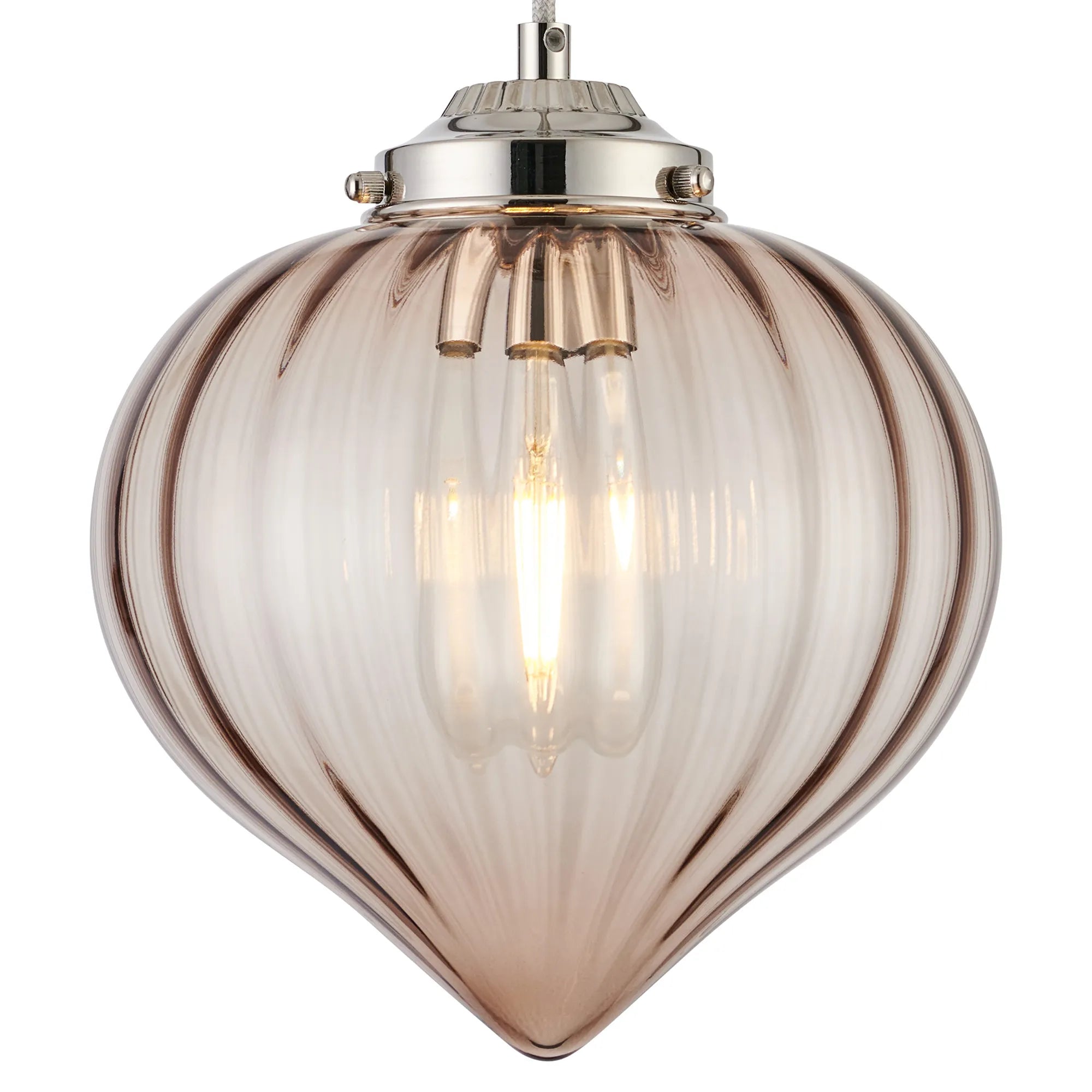 Grove Single Pendant with Flower Bud Shade - Polished Nickel & Grey Braided Cable & Cognac