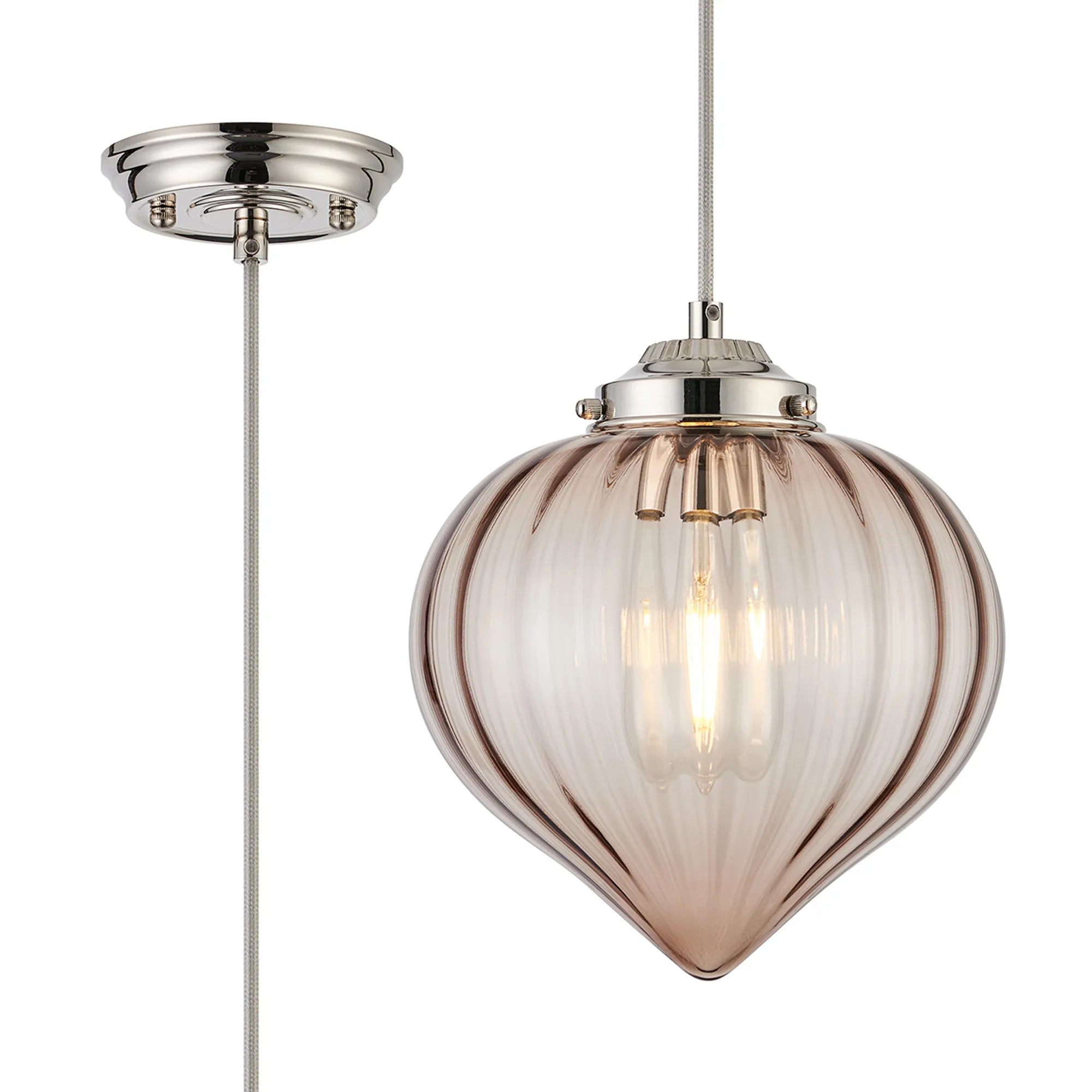 Grove Single Pendant with Flower Bud Shade - Polished Nickel & Grey Braided Cable & Cognac