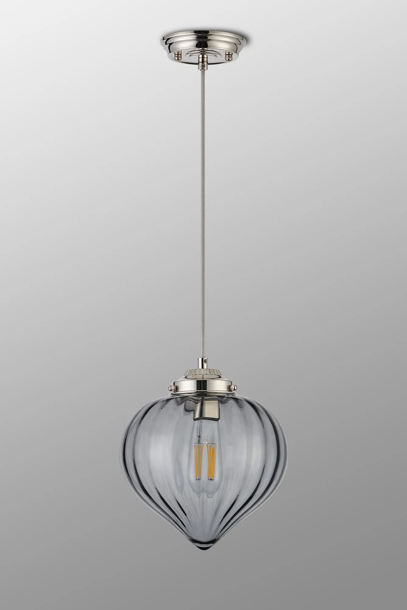 Grove Single Pendant with Flower Bud Shade - Polished Nickel & Grey Braided Cable & Smoke