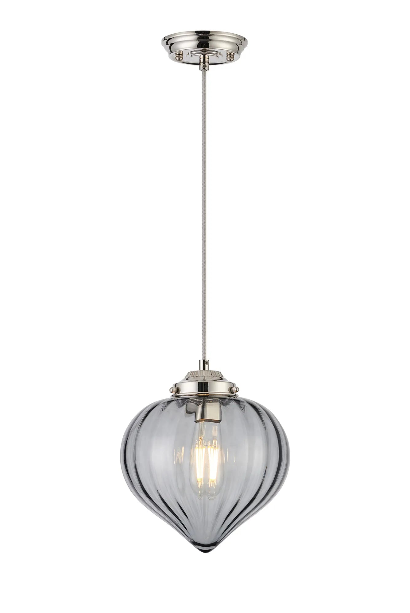 Grove Single Pendant with Flower Bud Shade - Polished Nickel & Grey Braided Cable & Smoke